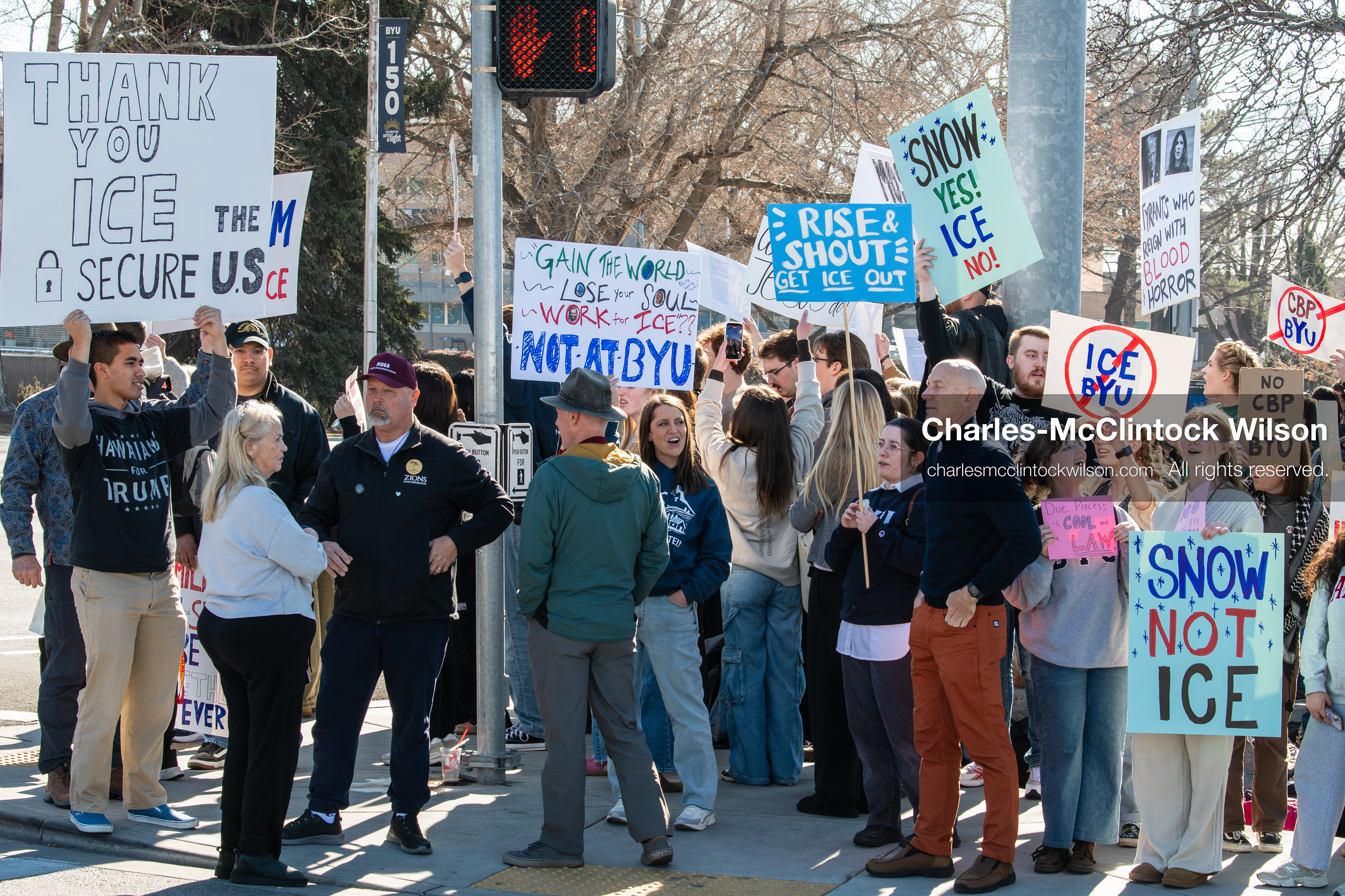 February 5, 2026, Provo, Utah, USA: Students and community members gather near Brigham Young University in Provo to demonstrate against the presence of US Customs and Border Protection recruiters at a career fair held on the BYU campus. (Credit Image: © Charles McClintock Wilson/ZUMA Press Wire)