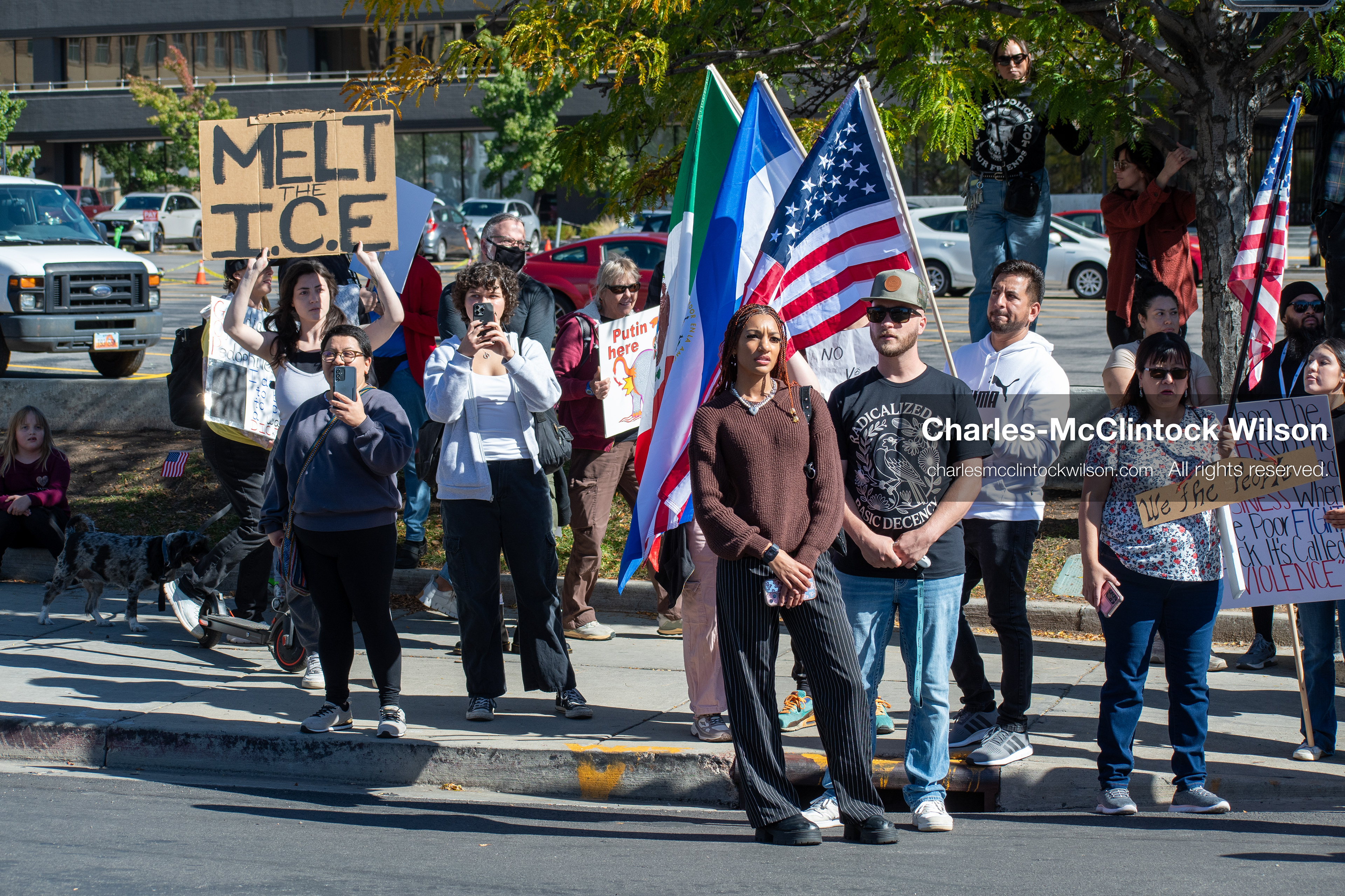 October 18, 2025, Salt Lake City, Utah, USA: Demonstrators march along South State Street during a "No Kings" protest in Salt Lake City, Utah. The protest was part of a nationwide mobilization.