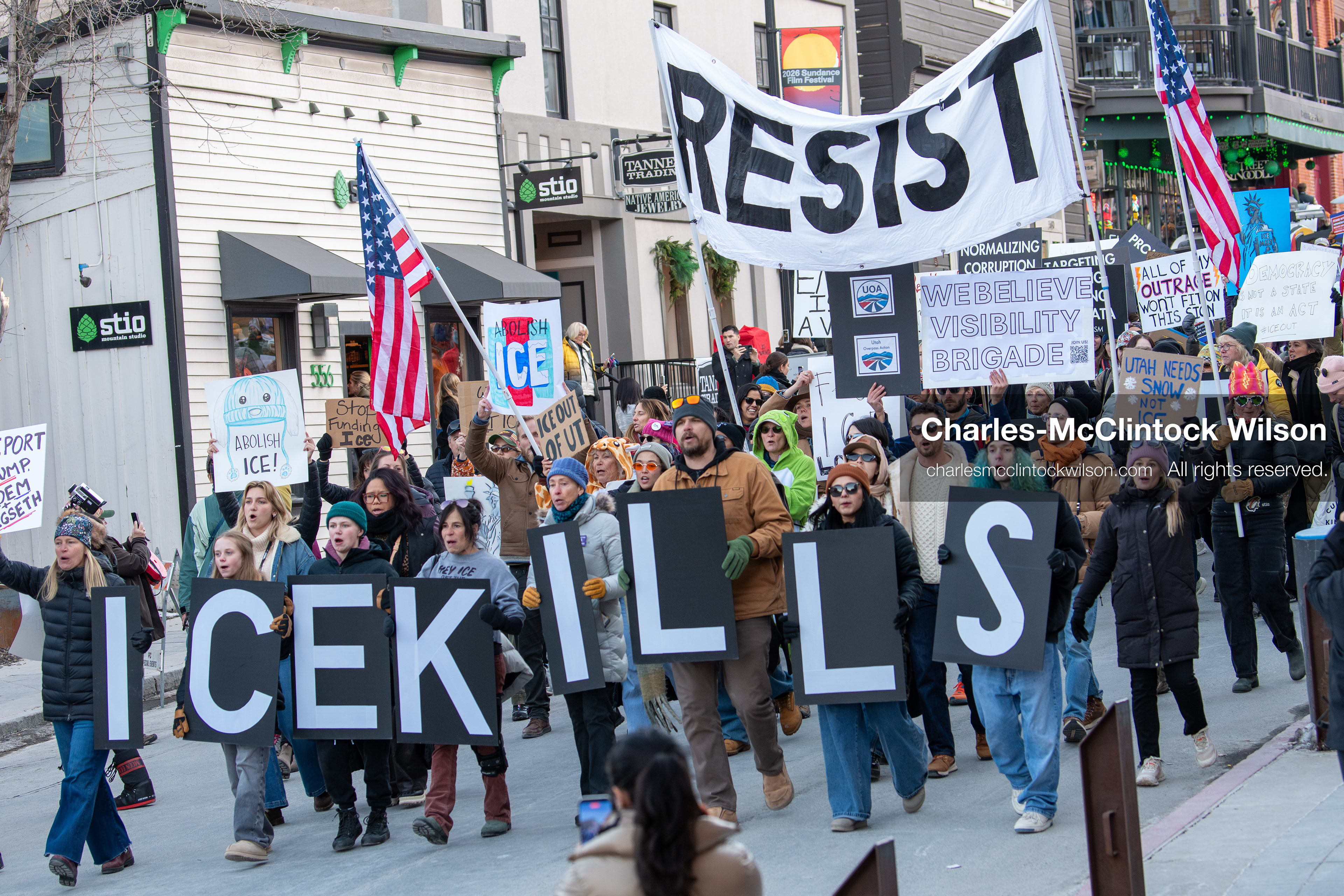 January 26, 2026, Park City, Utah, USA: Demonstrators march through Main Street holding signs during a protest opposing U.S. Immigration and Customs Enforcement (I.C.E.) ICE agents at the Sundance Film Festival in Park City, Utah, on Monday, Jan. 26, 2026. The event was held in response to the fatal shooting of Alex Pretti by a U.S. Border Patrol officer in Minneapolis. (Credit Image: © Charles McClintock Wilson/ZUMA Press Wire)
