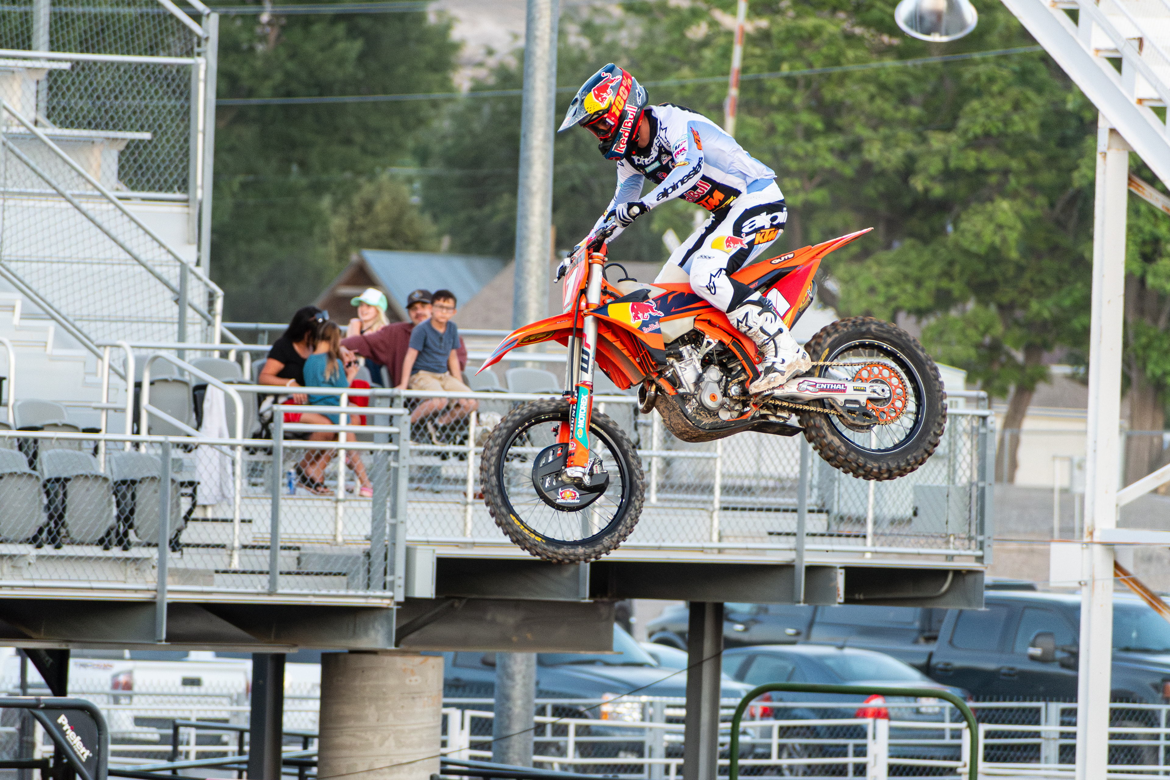 Nephi, Utah – June 28, 2025: Canadian rider Trystan Hart goes airborne during the Juab Xtreme Racing event at Juab County Fairgrounds.