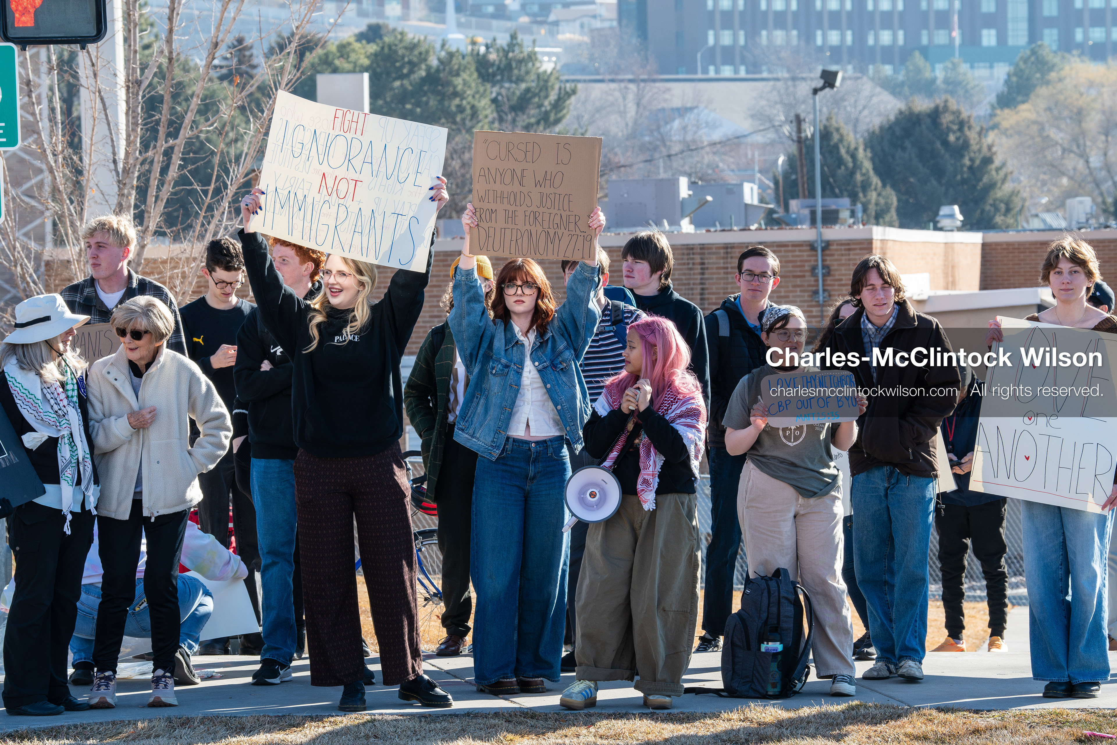 February 5, 2026, Provo, Utah, USA: Students and community members gather near Brigham Young University in Provo to demonstrate against the presence of US Customs and Border Protection recruiters at a career fair held on the BYU campus. (Credit Image: © Charles McClintock Wilson/ZUMA Press Wire)