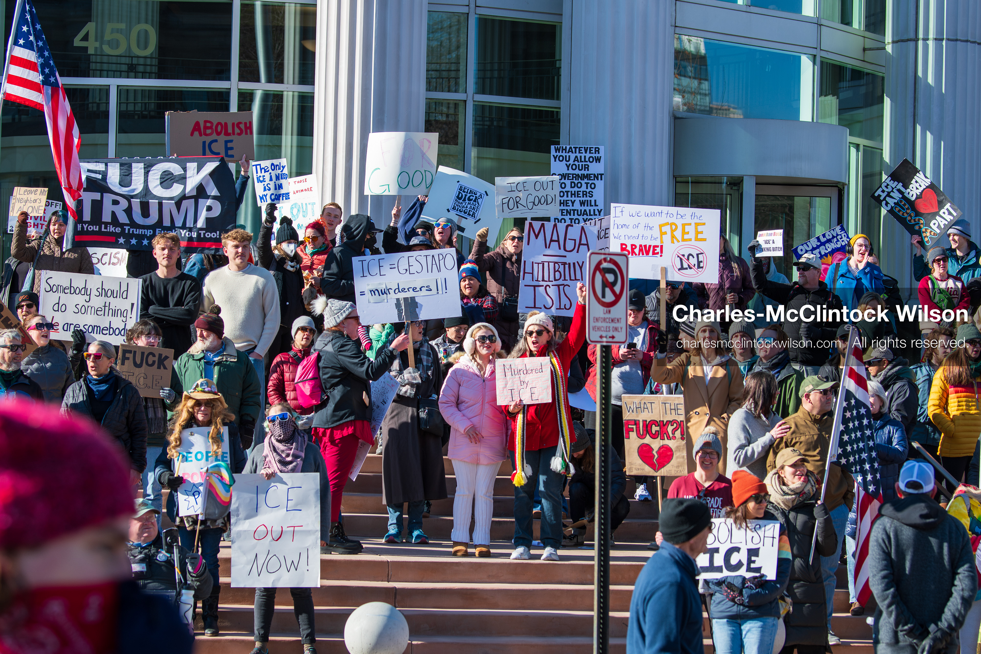 Salt Lake City, Utah, January 10, 2026: Demonstrators gather on the steps of the Scott M. Matheson Courthouse during the ICE Out for Good protest, calling for justice for Renee Nicole Good and holding signs and American flags as part of a coordinated demand for immigration reform and accountability. (Credit Image: © Charles‑McClintock Wilson/ZUMA Press Wire)