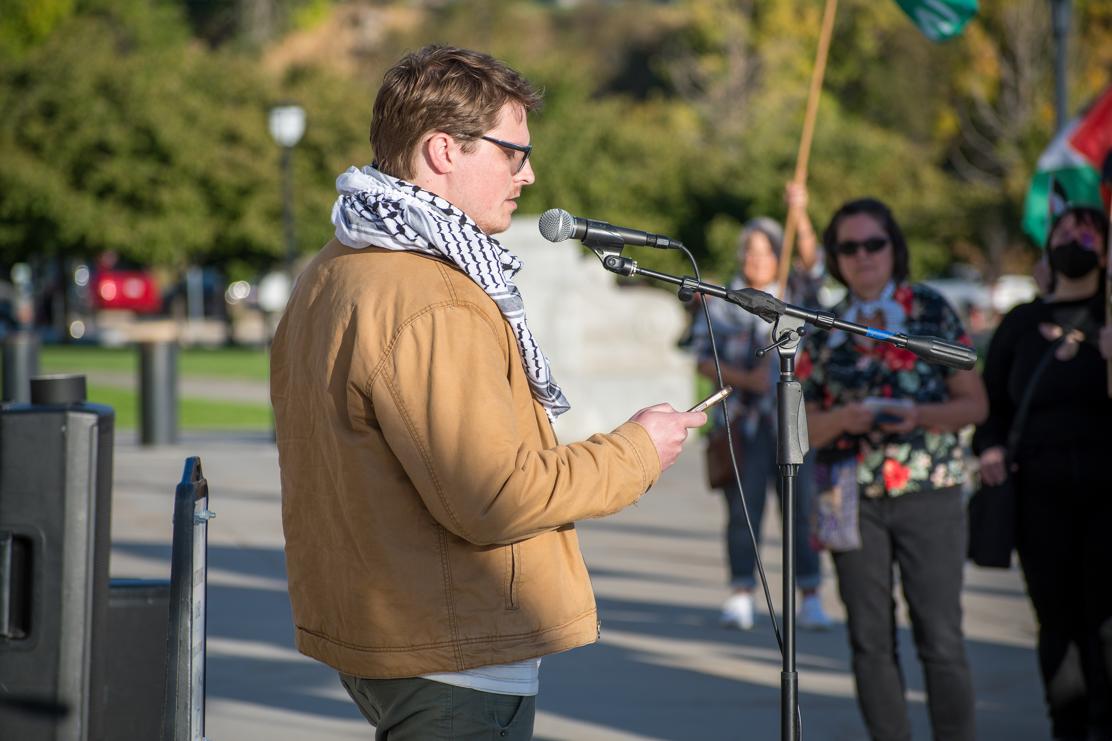 October 10, 2025, Salt Lake City, Utah, USA: A speaker addresses attendees during the Free Palestine Rally organized in front of the Utah State Capitol. (Credit Image: © Charles-McClintock Wilson/ZUMA Press Wire)