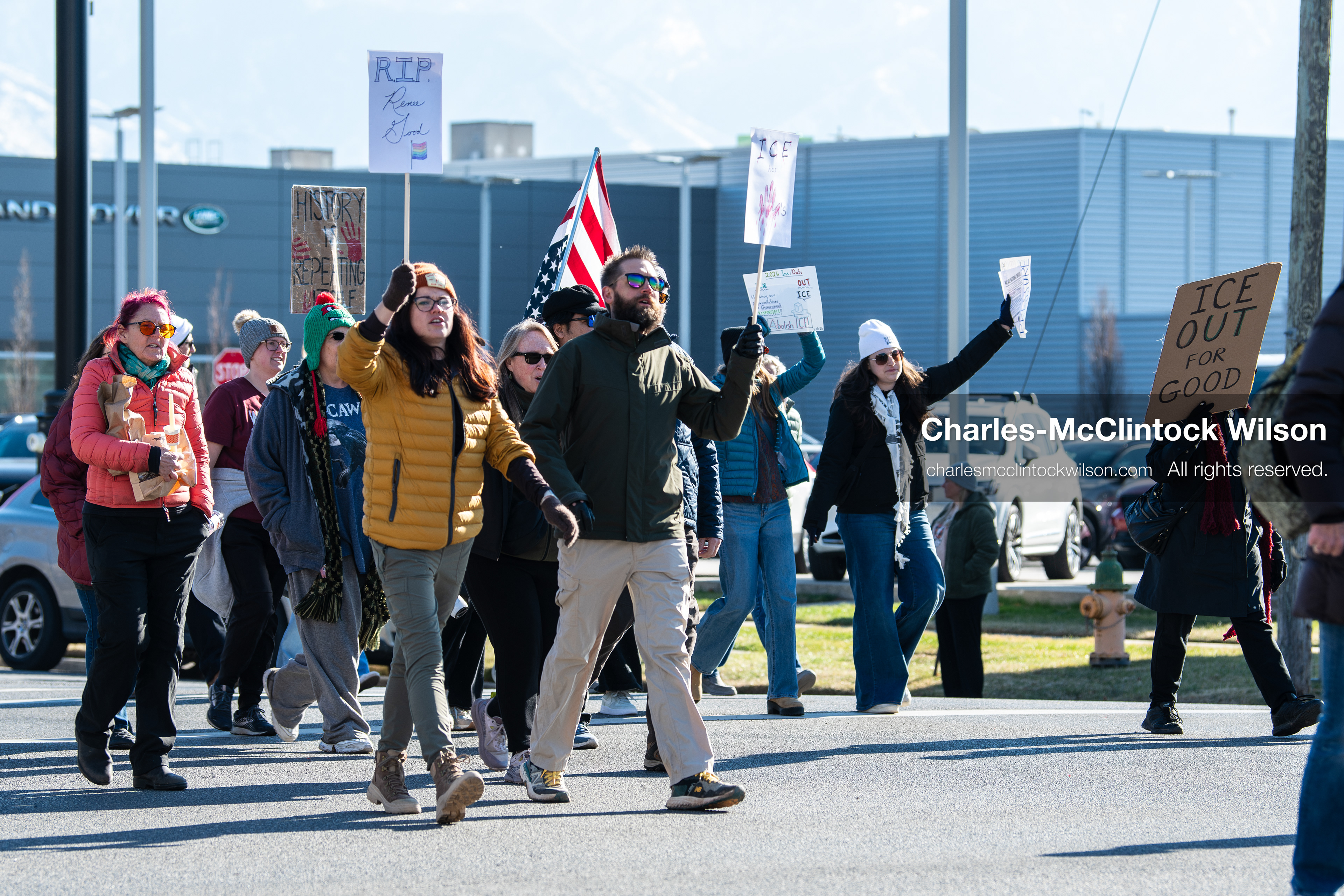 Salt Lake City, Utah, January 10, 2026: A group of demonstrators marches through downtown Salt Lake City during the ICE Out for Good protest, which began at Washington Square Park, with participants carrying signs and personal items as they walk together. (Credit Image: © Charles‑McClintock Wilson/ZUMA Press Wire)