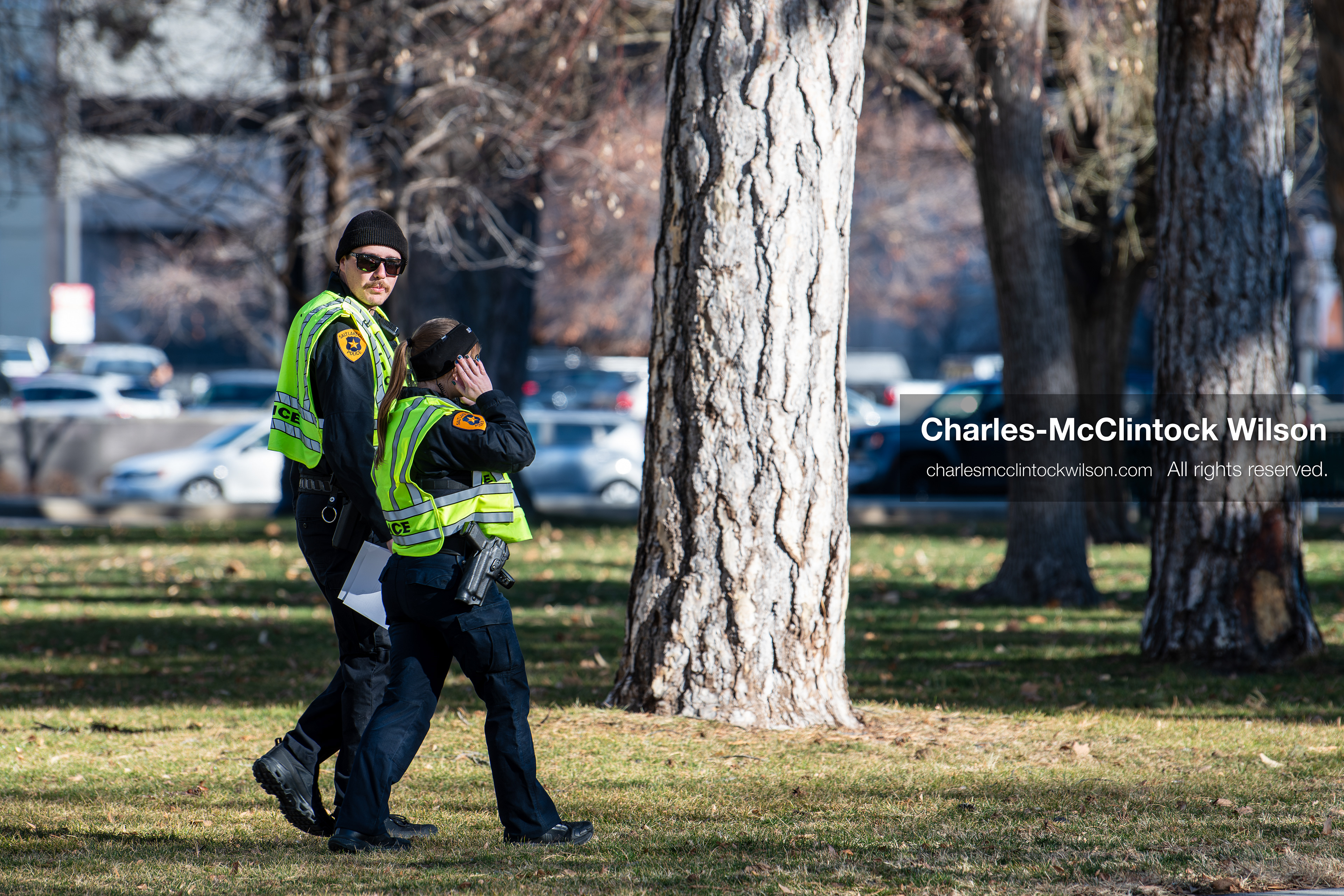 Salt Lake City, Utah, January 10, 2026: Salt Lake City Police Department officers patrol the grounds near Washington Square Park during the ICE Out for Good protest, a demonstration calling for justice for Renee Nicole Good. Officers wore high‑visibility vests and cold‑weather gear. (Credit Image: © Charles‑McClintock Wilson/ZUMA Press Wire)