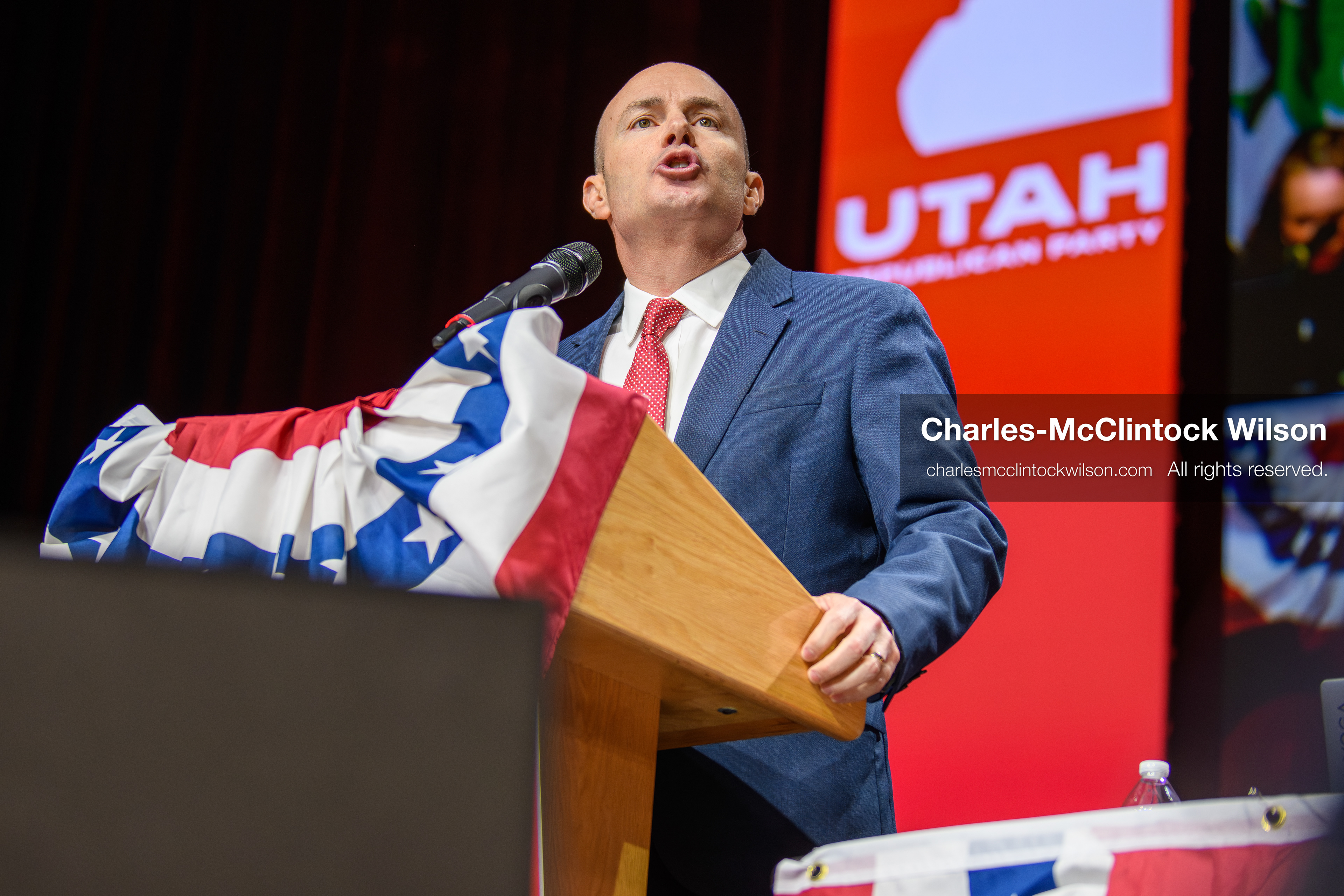 April 25, 2026, Orem, Utah, USA: U.S. Sen. MIKE LEE (R‑UT) speaks during the 2026 Utah Republican State Nominating Convention at the UCCU Center on the campus of Utah Valley University in Orem. (Credit Image: © Charles-McClintock Wilson/ZUMA Press Wire)
