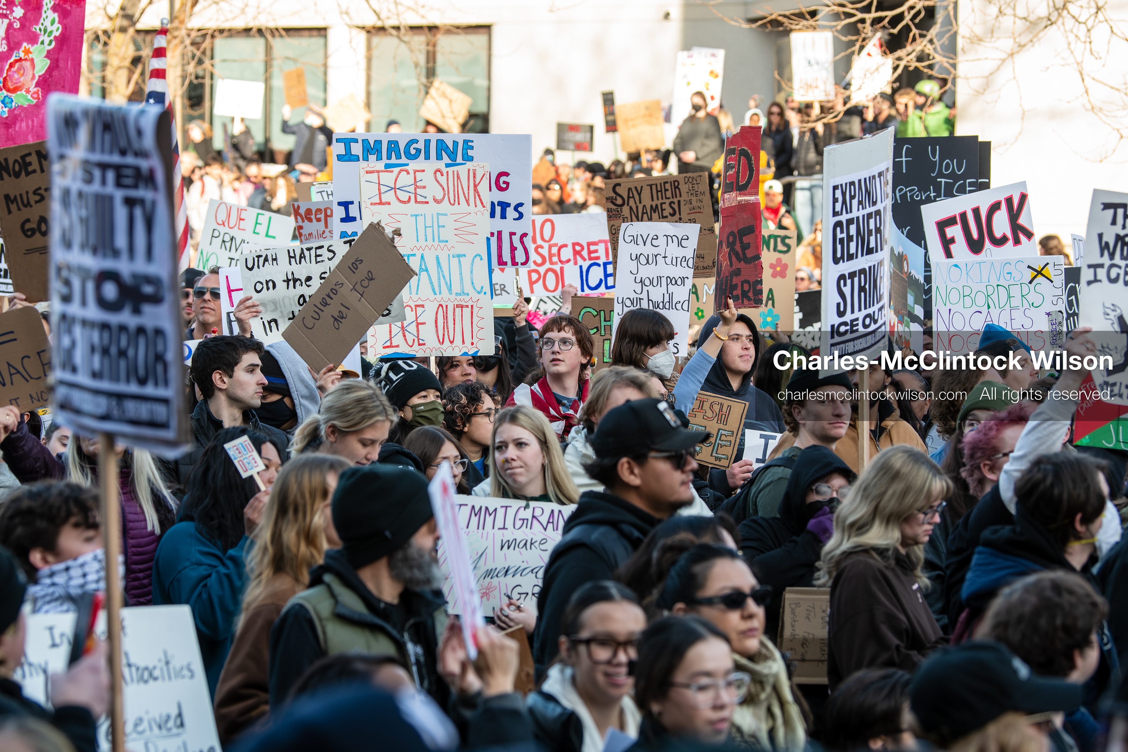 January 30, 2026, Salt Lake City, Utah, USA: Demonstrators march through downtown Salt Lake City during an anti‑ICE protest, part of a nationwide response to immigration enforcement policies. (Credit Image: © Charles‑McClintock Wilson/ZUMA Press Wire)