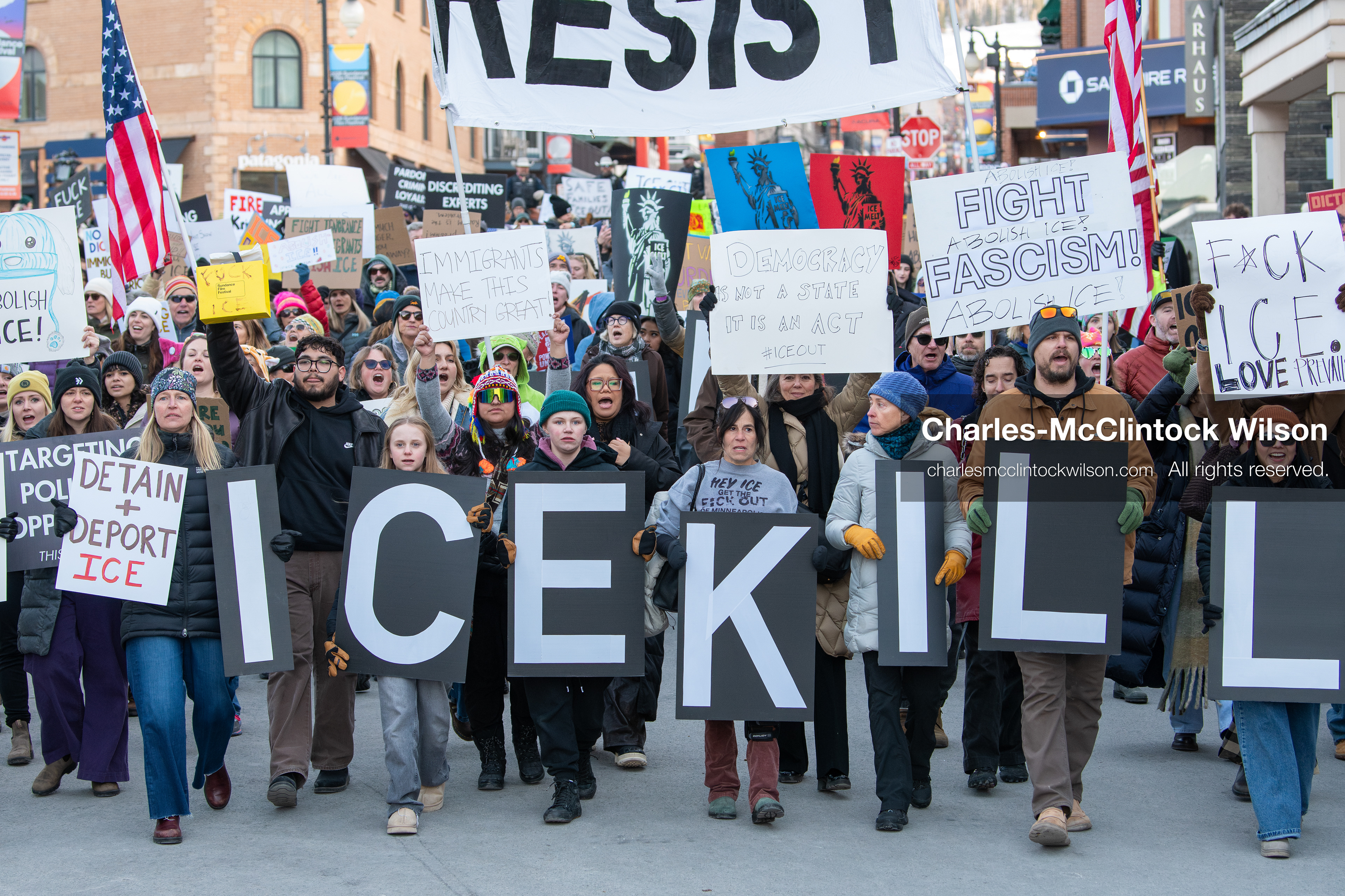 January 26, 2026, Park City, Utah, USA: Demonstrators march through Main Street holding signs during a protest opposing U.S. Immigration and Customs Enforcement (I.C.E.) ICE agents at the Sundance Film Festival in Park City, Utah, on Monday, Jan. 26, 2026. The event was held in response to the fatal shooting of Alex Pretti by a U.S. Border Patrol officer in Minneapolis. (Credit Image: © Charles McClintock Wilson/ZUMA Press Wire)