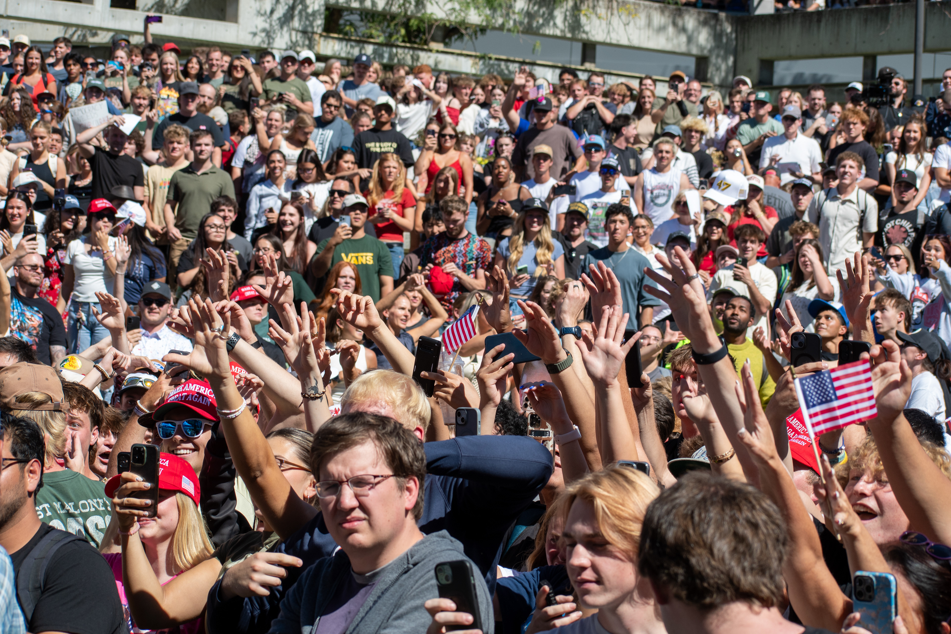 OREM, UTAH – SEPTEMBER 10, 2025: Attendees gather in close formation at Utah Valley University for the opening stop of the American Comeback Tour. The image captures a moment of shared anticipation and civic presence, reflecting the energy, emotion, and communal engagement that defined the event’s intended spirit. © Charles-McClintock Wilson / ZUMA Press