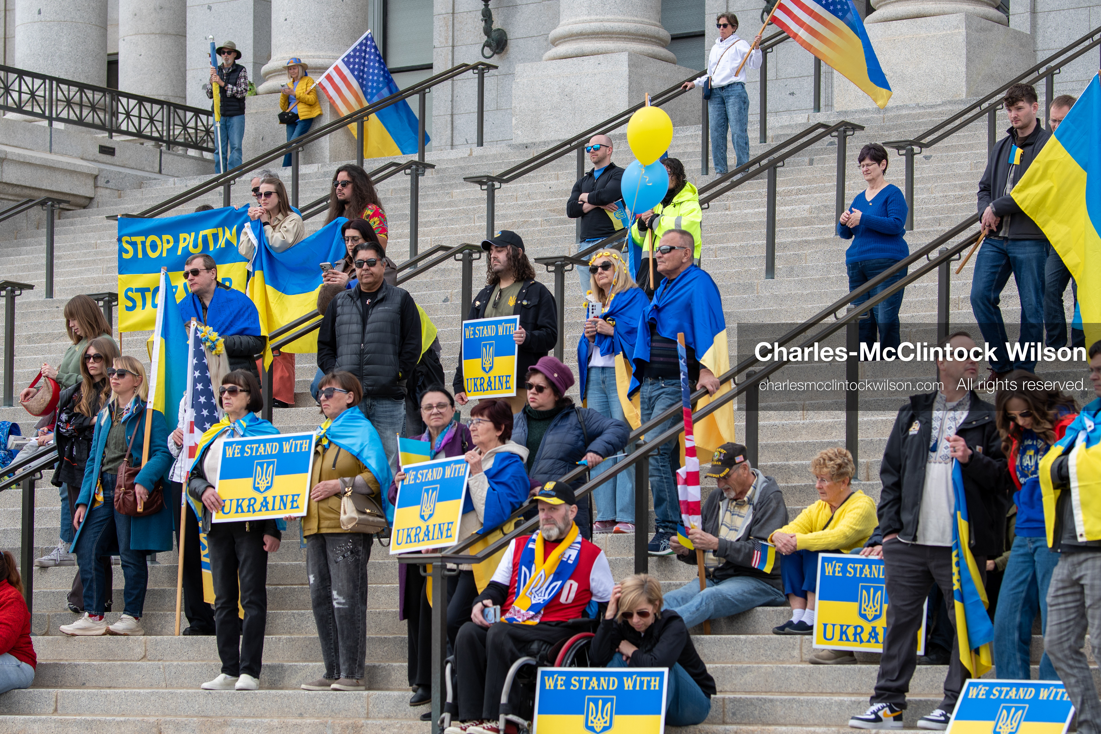 February 28, 2026, Salt Lake City, Utah, USA: Supporters gather on the steps of the Utah State Capitol during the Stand With Ukraine rally marking the four year anniversary of the full scale Russian invasion of Ukraine. Participants hold signs and Ukrainian flags as community members call for continued support for Ukraine and an end to the war. (Credit Image: © Charles McClintock Wilson/ZUMA Press Wire)