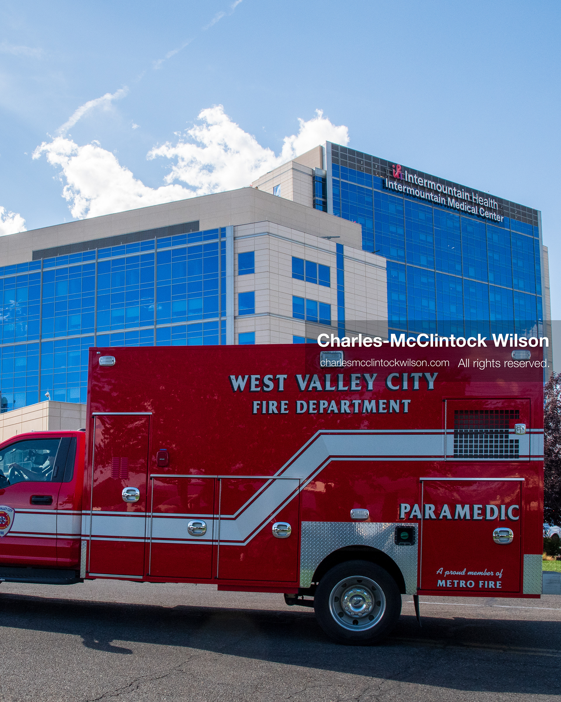 August 17, 2026, Murray, Utah, USA: A West Valley City Fire Department paramedic vehicle is pictured parked near the facility entrance outside Intermountain Medical Center on Monday. Multiple police agencies secured the hospital perimeter as a safety precaution after shooting victims were brought in from a fatal shootout outside a funeral in nearby Kearns. (Credit Image: © Charles McClintock Wilson/ZUMA Press Wire)