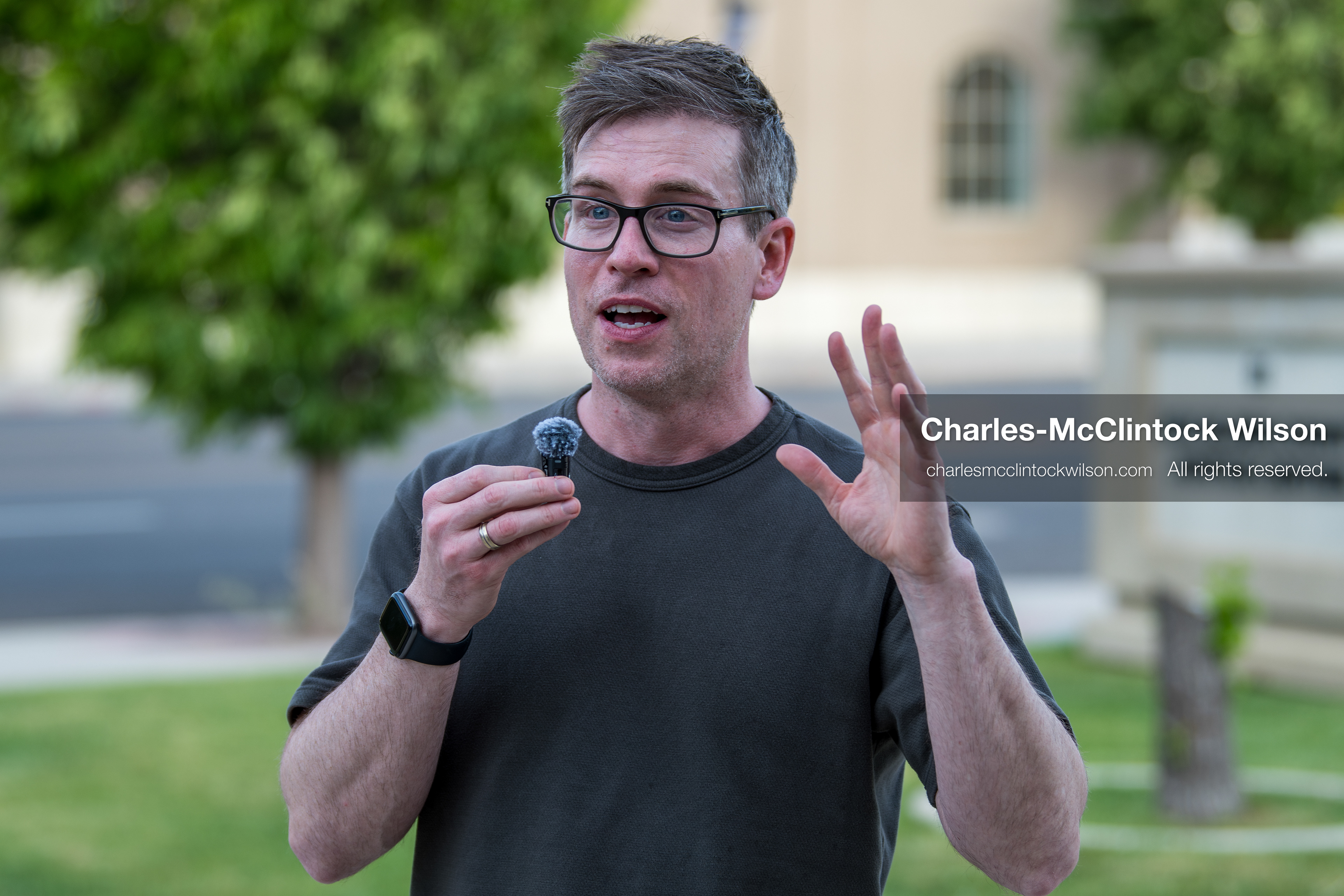 May 13, 2026, Brigham City, Utah, USA: US political satirist and digital creator WALTER MASTERSON speaks to attendees outside the Box Elder County Justice Courthouse in Brigham City, Utah, on May 13, 2026, during a gathering over the proposed data center project backed by businessman Kevin O'Leary, which has drawn public concern over water use, power demand, and transparency. (Credit Image: © Charles-McClintock Wilson/ZUMA Press Wire)