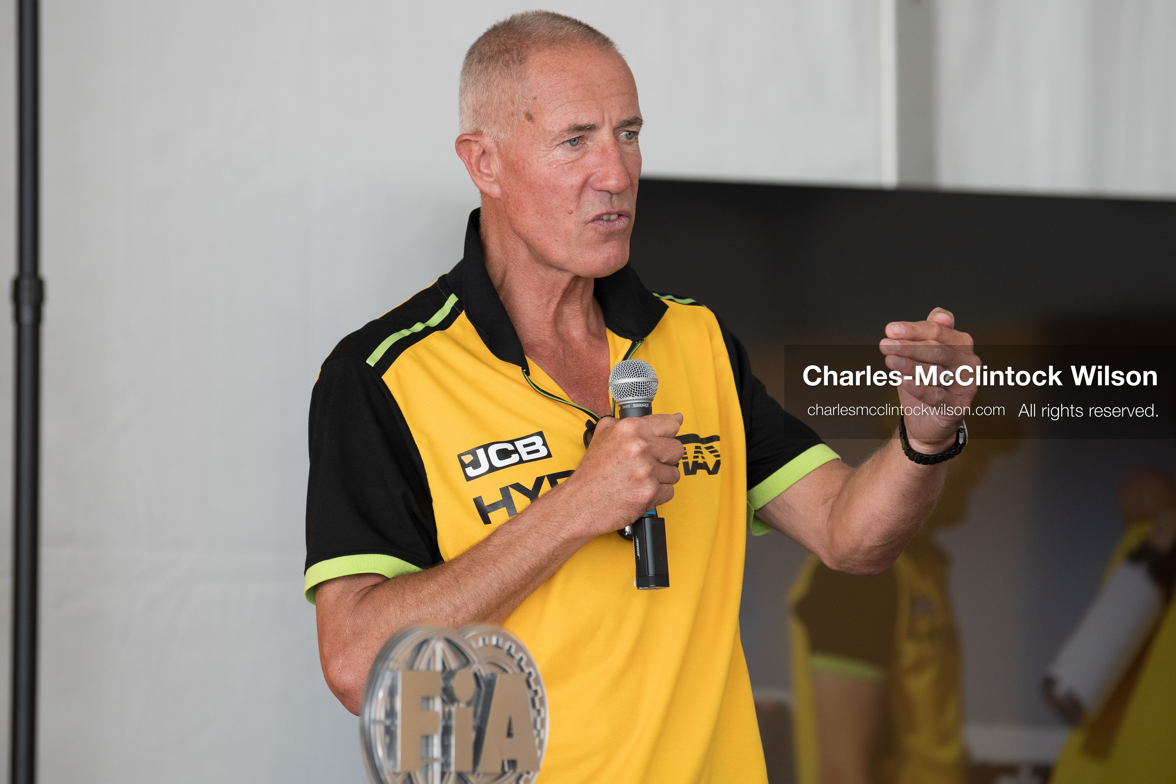 British driver Andy Green speaks during a press conference on the Bonneville Salt Flats near Wendover, Utah, on August 11, 2026, as part of the JCB Hydromax hydrogen-powered land-speed record project. (Photo by Charles-McClintock Wilson/NurPhoto)