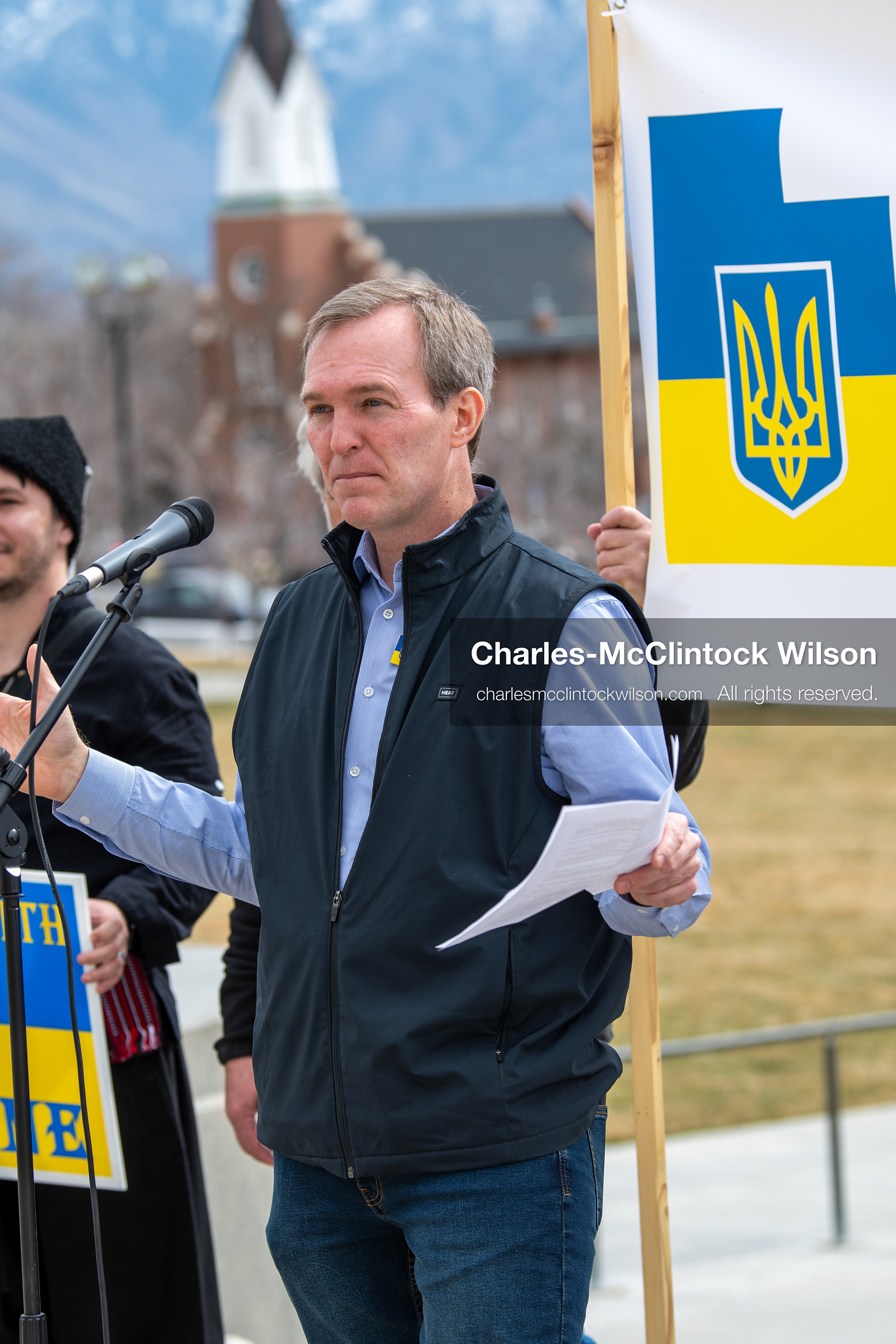 February 28, 2026, Salt Lake City, Utah, USA: Former U.S. Rep BEN MCADAMS, a Democrat from Utah and a 2026 congressional candidate, speaks during the Stand With Ukraine rally at the Utah State Capitol. The event marked the four year anniversary of the full scale Russian invasion of Ukraine and drew community members showing support for Ukrainians and local humanitarian efforts. (Credit Image: © Charles McClintock Wilson/ZUMA Press Wire)