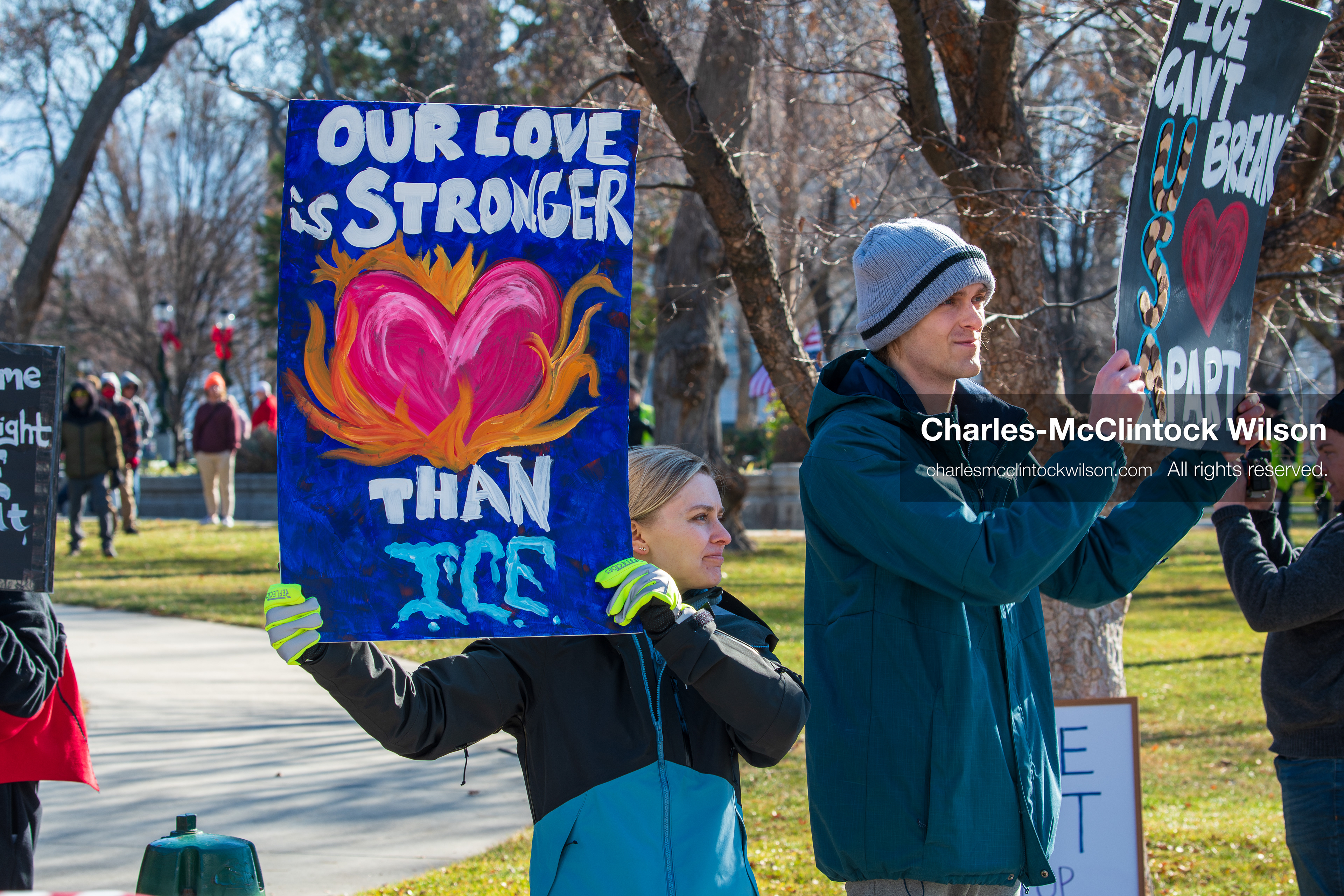 Salt Lake City, Utah, January 10, 2026: Protesters stand with signs at Washington Square Park during the ICE Out for Good protest, a demonstration calling for justice for Renee Nicole Good. (Credit Image: © Charles‑McClintock Wilson/ZUMA Press Wire)