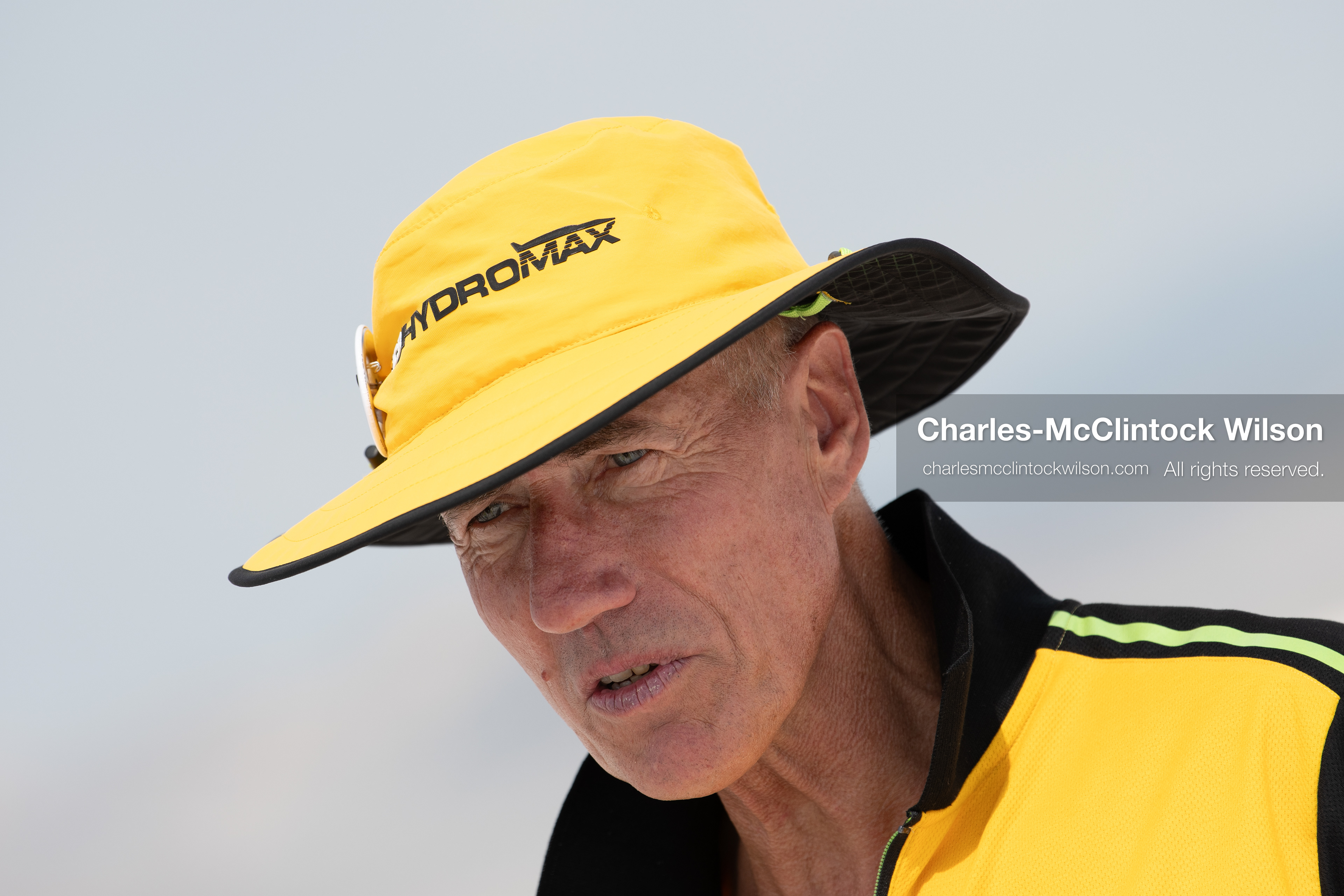 British pilot Andy Green participates in a media interview on the Bonneville Salt Flats on Tuesday. Green steered the hydrogen-powered "JCB Hydromax" streamliner to a historic record-breaking top speed of 406.320 mph during official speed trials. (Photo by Charles-McClintock Wilson/Sipa USA)