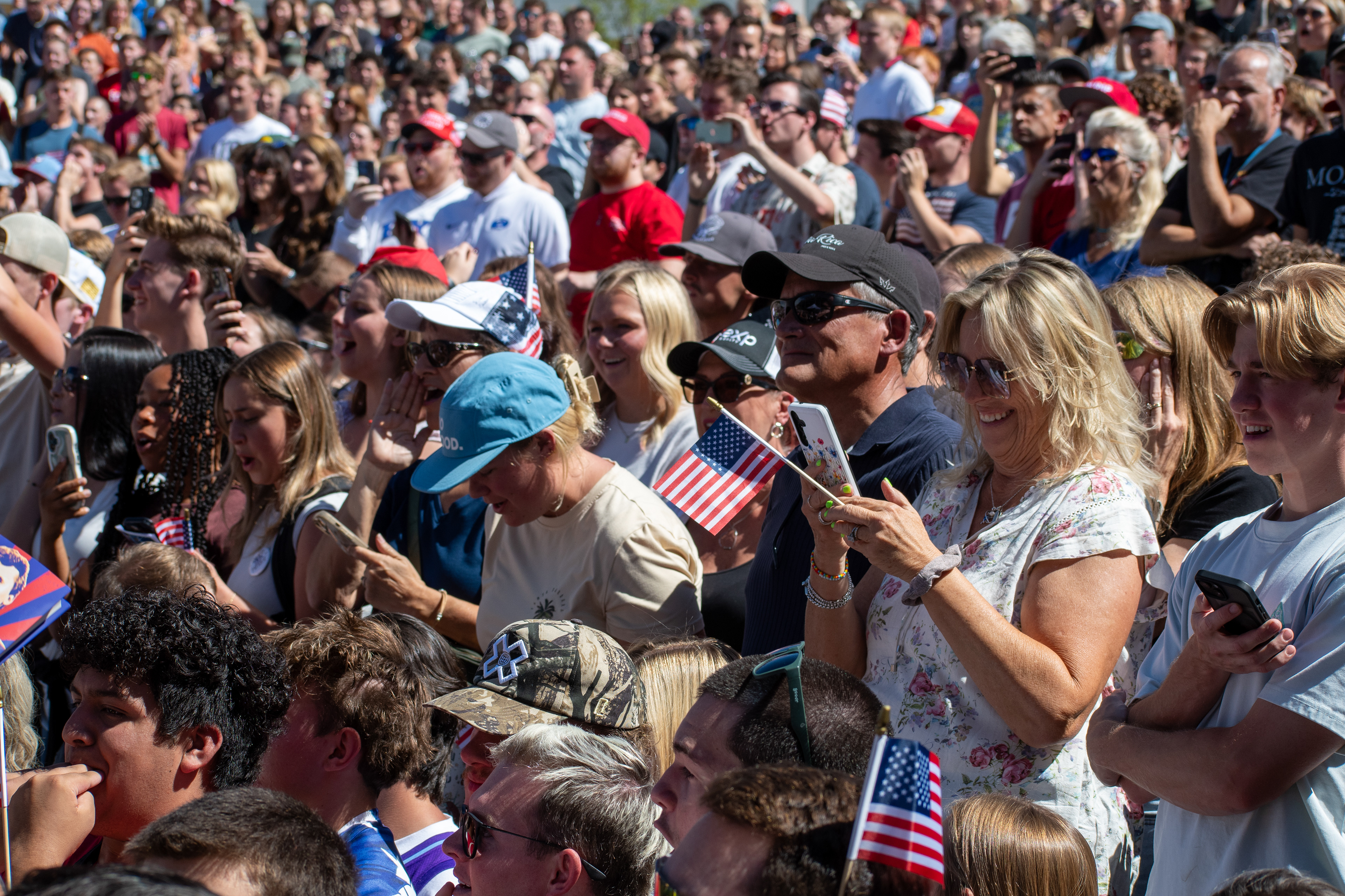 OREM, UTAH – SEPTEMBER 10, 2025: Attendees gather in close formation at Utah Valley University for the opening stop of the American Comeback Tour. The image captures a moment of shared anticipation and civic presence, reflecting the energy, emotion, and communal engagement that defined the event’s intended spirit. © Charles-McClintock Wilson / ZUMA Press 