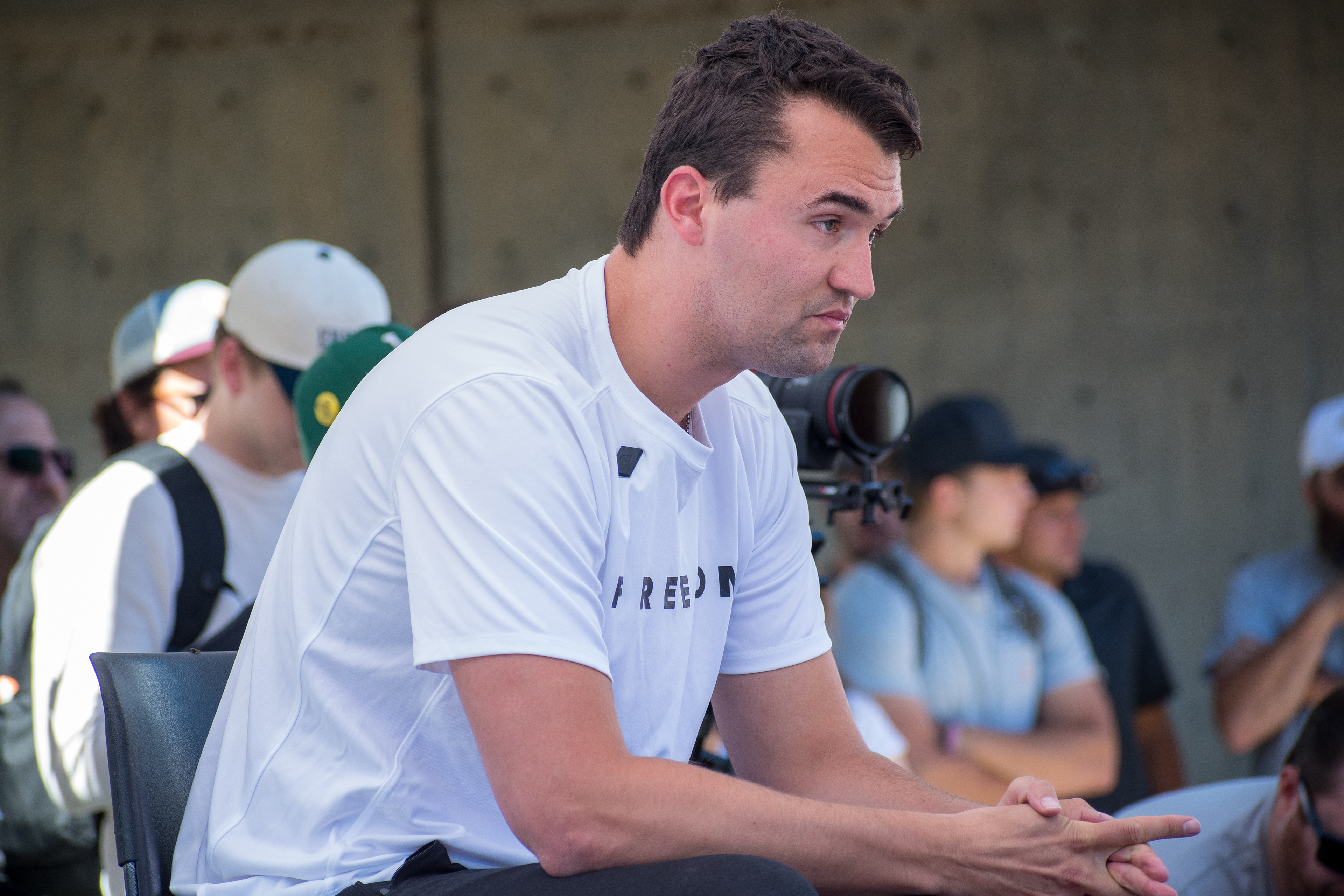 OREM, UTAH – SEPTEMBER 10, 2025: Charlie Kirk appears focused and resolute during a public event at Utah Valley University. Captured in a moment of quiet intensity, Kirk looks off-camera as media lenses track his movements. The image reflects the tension and conviction that defined his final public appearance before the shooting incident that disrupted the event. © Charles-McClintock Wilson / ZUMA Press 