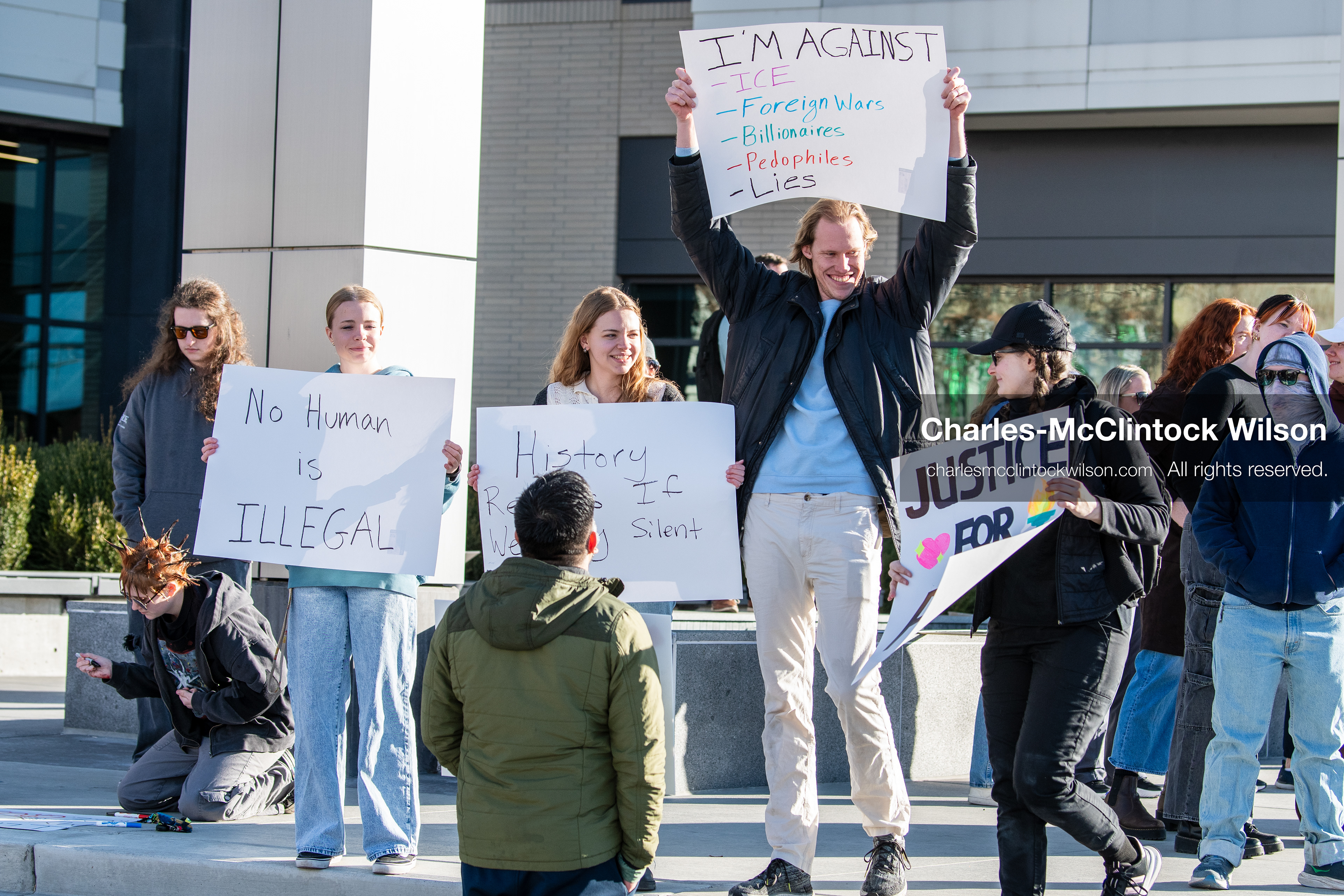 January 20, 2026, Provo, Utah, USA: Protesters gather outside Provo City Hall during the Free America Walkout protest in Provo, Utah, on January 20, 2026. Demonstrators held signs calling for justice, immigration reform, and an end to detention practices. (Credit Image: © Charles-McClintock Wilson/ZUMA Press Wire)