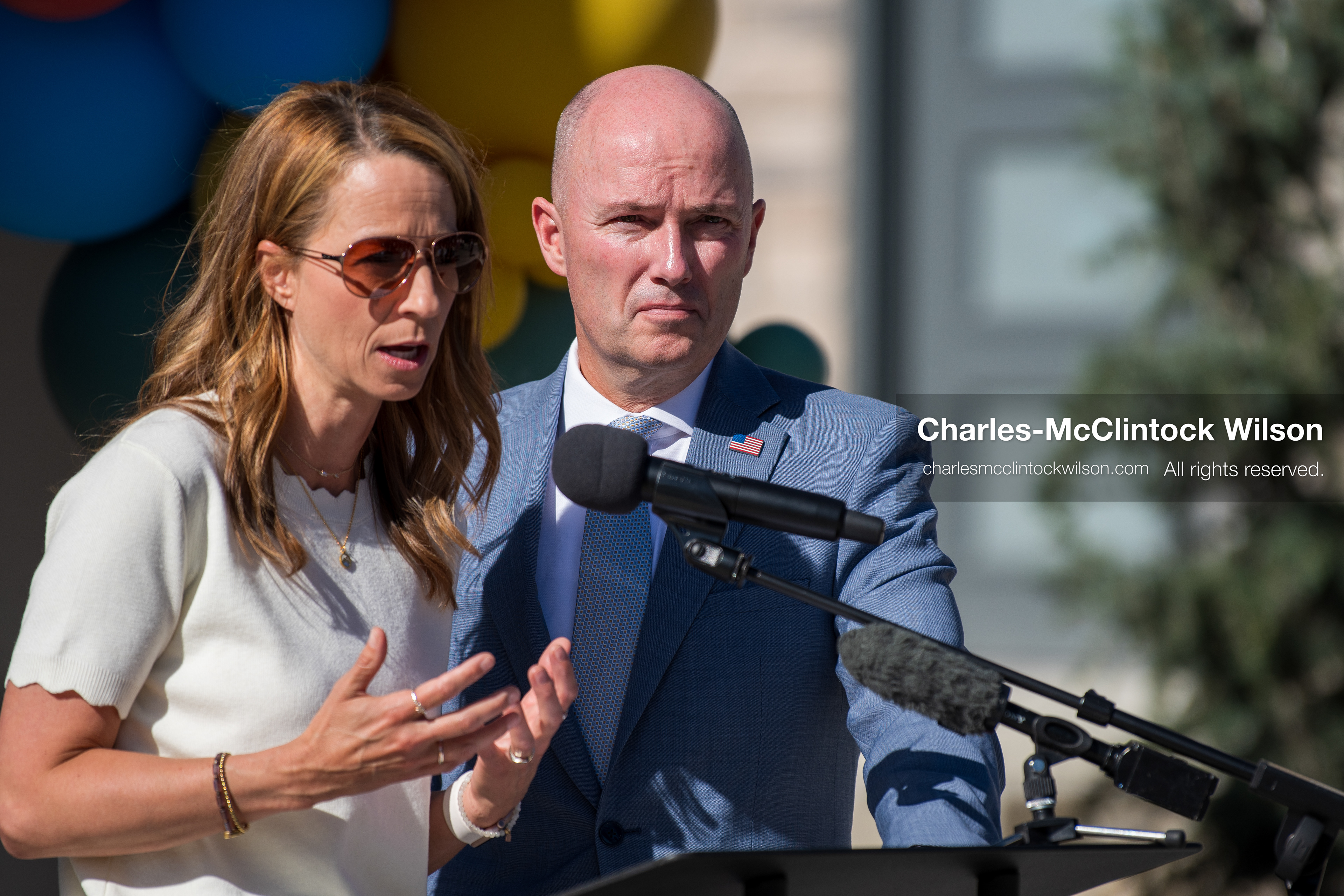 May 28, 2026, Lehi, Utah, USA: Utah First Lady ABBY COX speaks as Governor SPENCER COX looks on during the opening of Innovation Park at Holbrook Farms and the Lehi Rippy Literacy Center on May 28, 2026, in Lehi, Utah. (Credit Image: © Charles‑McClintock Wilson/ZUMA Press Wire)