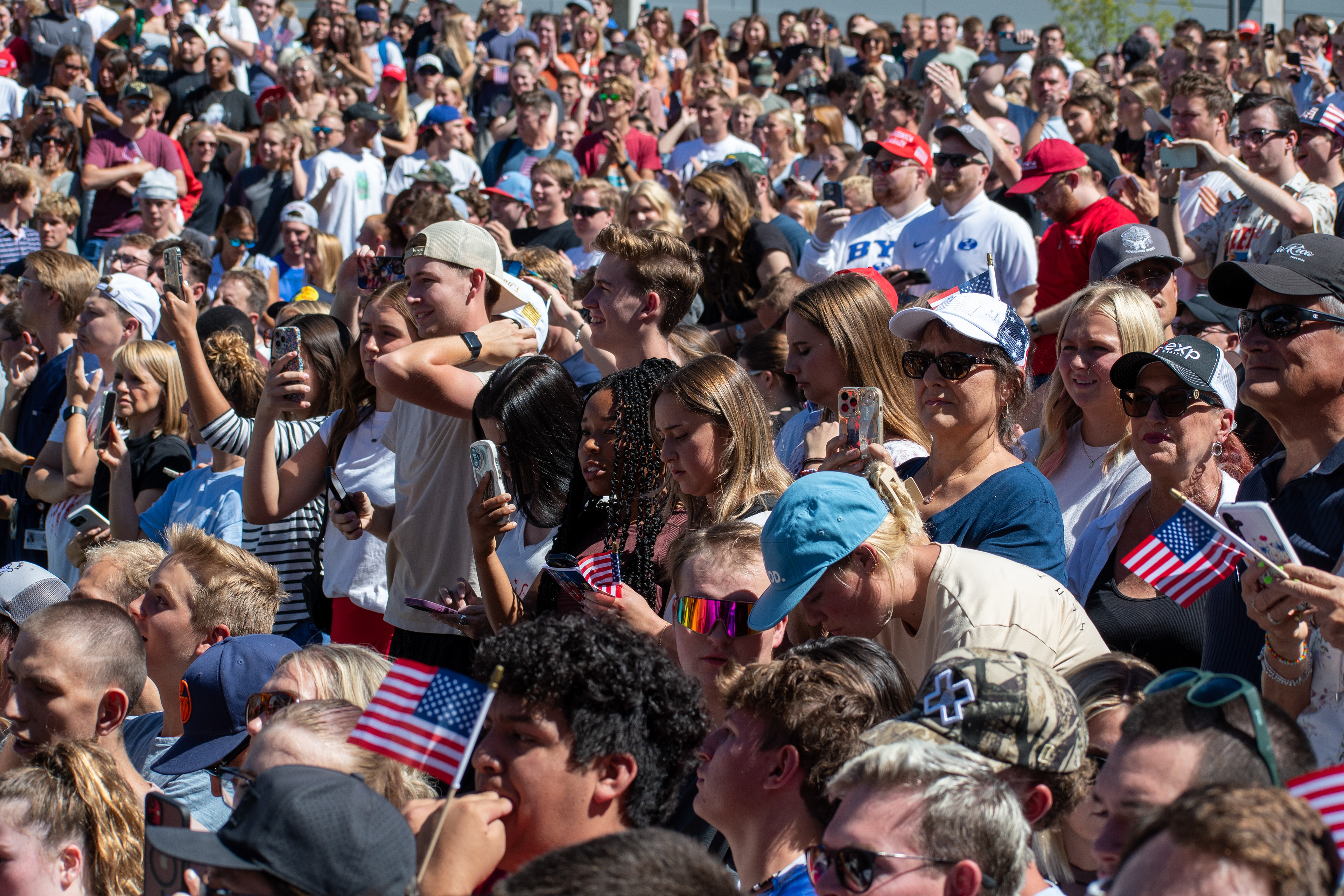 OREM, UTAH – SEPTEMBER 10, 2025: Attendees gather in close formation at Utah Valley University for the opening stop of the American Comeback Tour. The image captures a moment of shared anticipation and civic presence, reflecting the energy, emotion, and communal engagement that defined the event’s intended spirit. © Charles-McClintock Wilson / ZUMA Press 