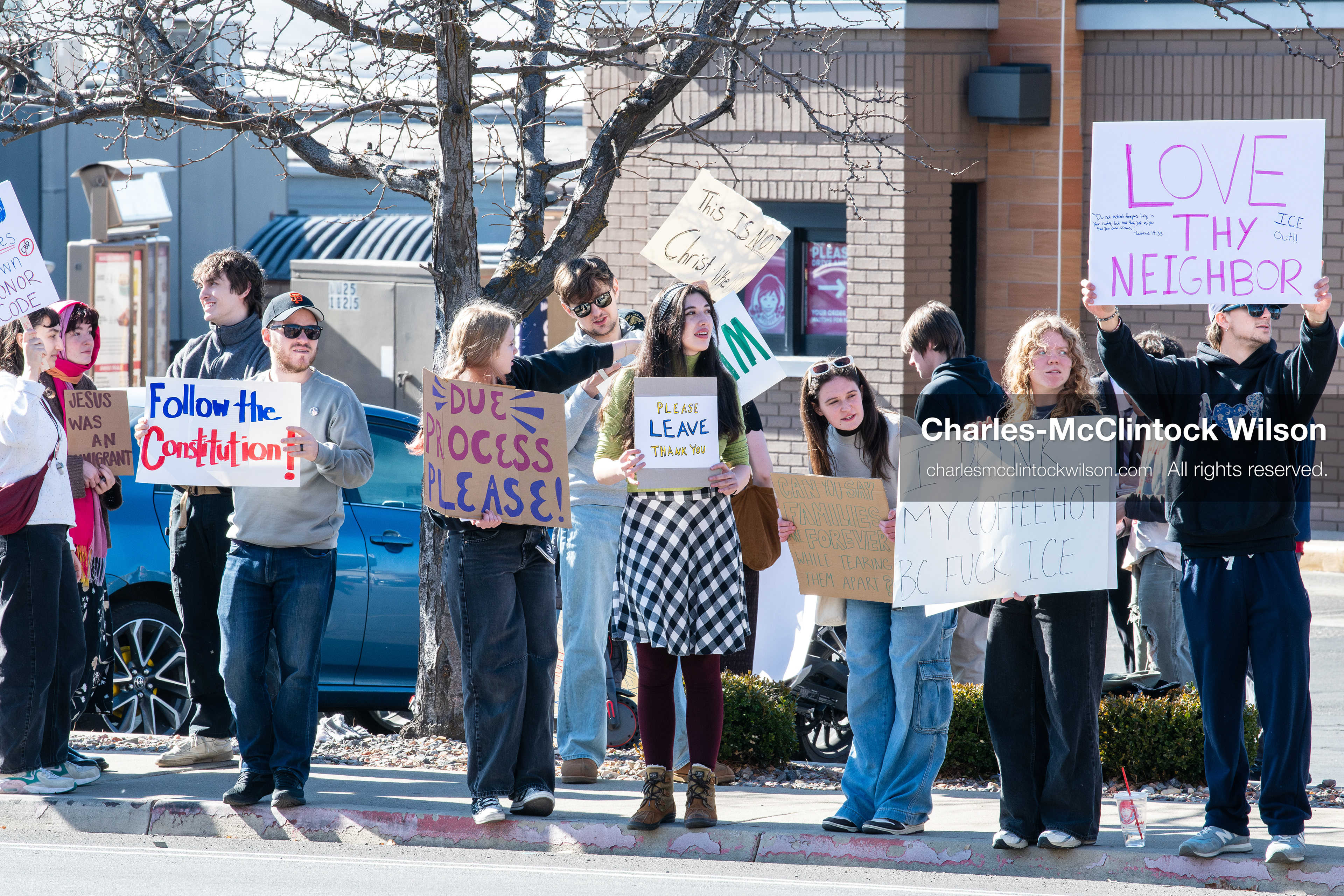 February 5, 2026, Provo, Utah, USA: Students and community members gather near Brigham Young University in Provo to demonstrate against the presence of US Customs and Border Protection recruiters at a career fair held on the BYU campus. (Credit Image: © Charles McClintock Wilson/ZUMA Press Wire)