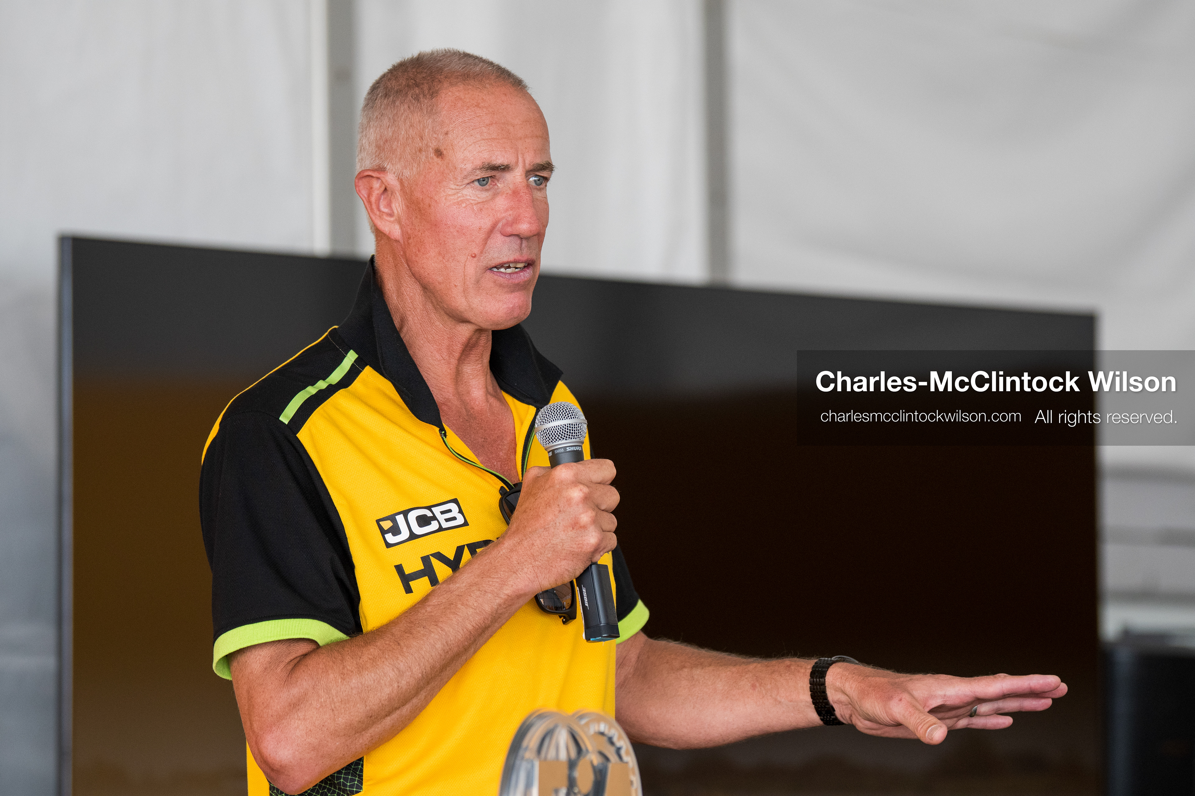 British driver Andy Green speaks during a press conference on the Bonneville Salt Flats near Wendover, Utah, on August 11, 2026, as part of the JCB Hydromax hydrogen-powered land-speed record project. (Photo by Charles-McClintock Wilson/NurPhoto)