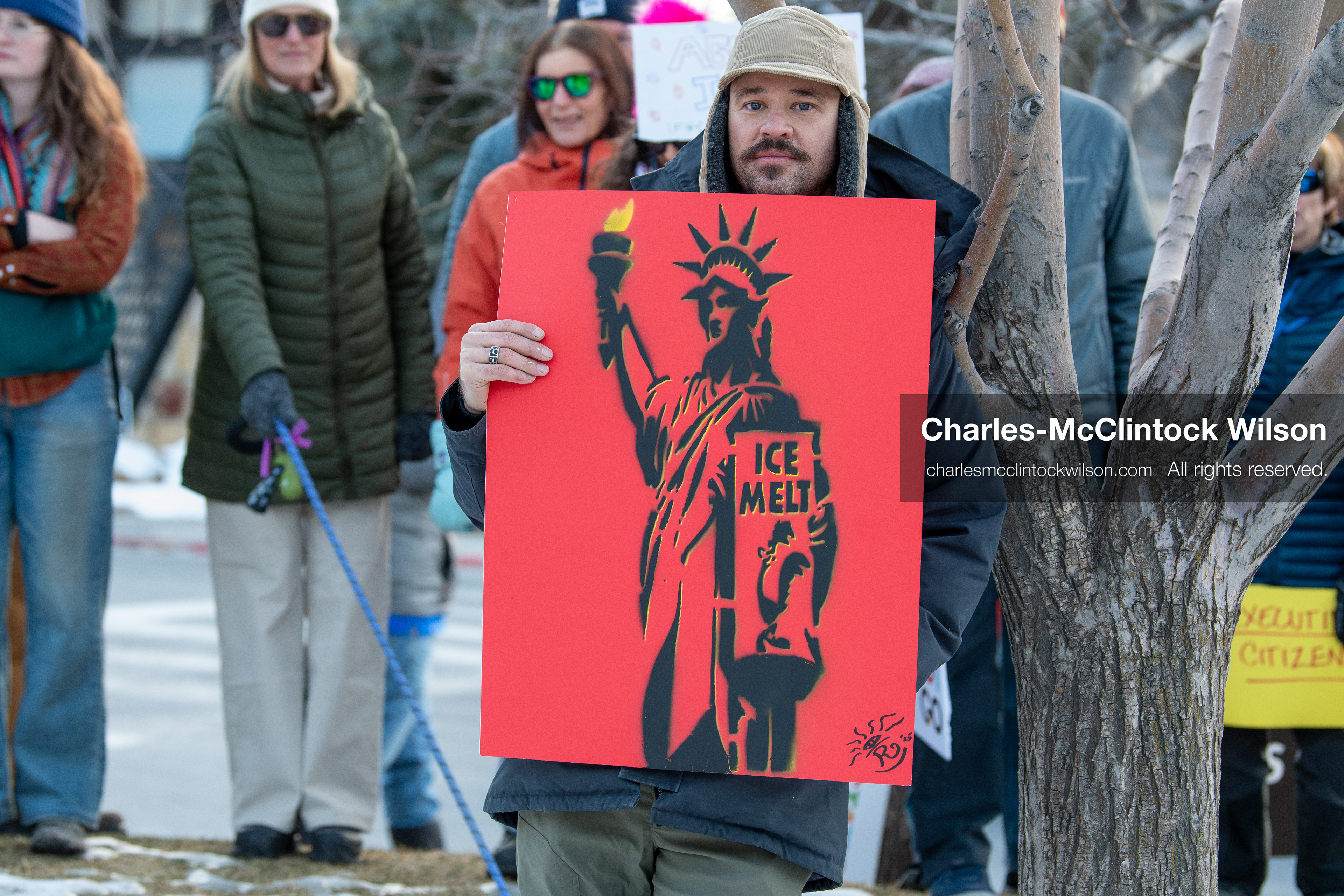 January 26, 2026, Park City, Utah, USA: A demonstrator holds a sign during a protest opposing U.S. Immigration and Customs Enforcement (I.C.E.) ICE agents at Miner's Park on Main Street during the Sundance Film Festival in Park City, Utah, on Monday, Jan. 26, 2026. The event was held in response to the fatal shooting of Alex Pretti by a U.S. Border Patrol officer in Minneapolis. (Credit Image: © Charles McClintock Wilson/ZUMA Press Wire)