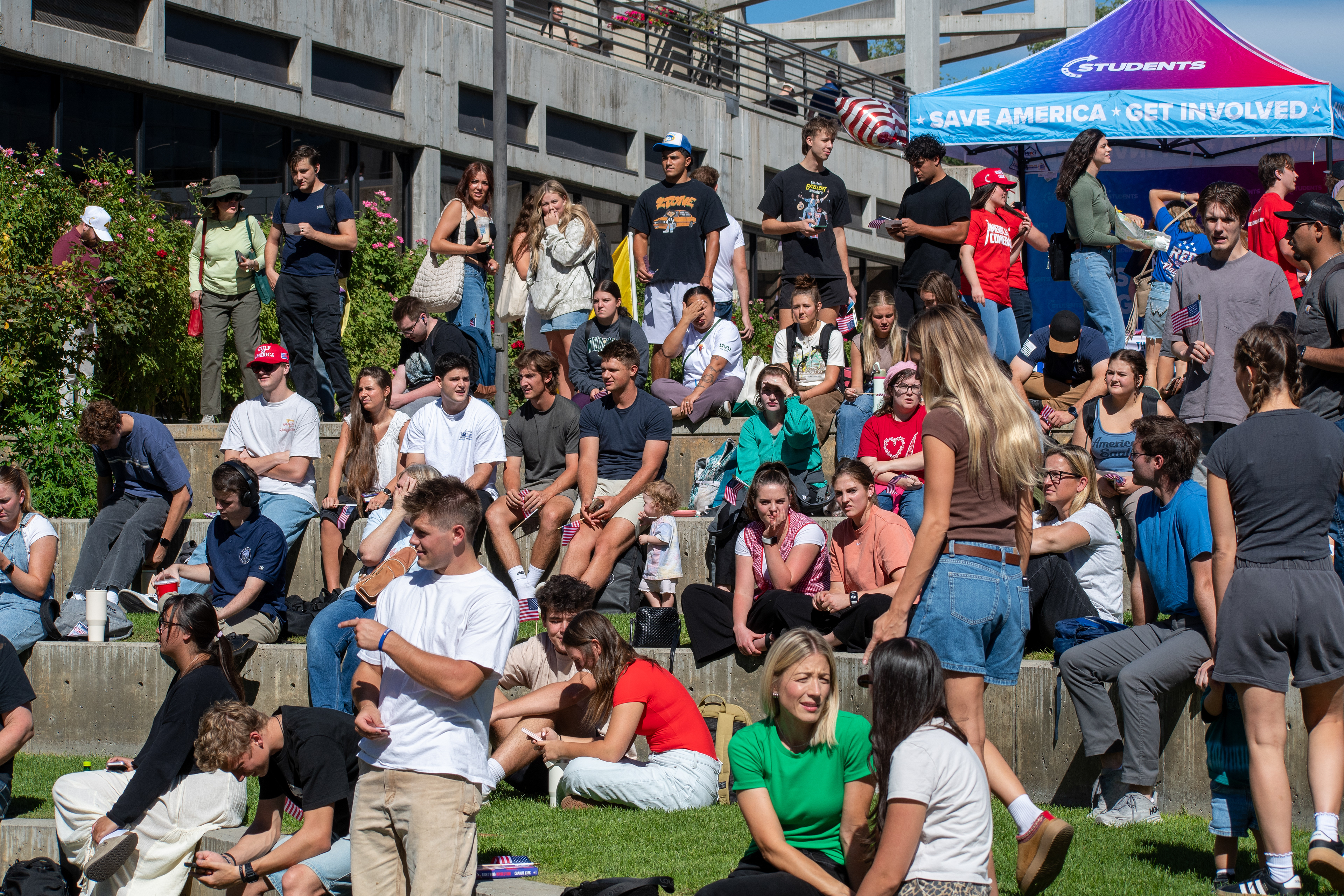OREM, UTAH – SEPTEMBER 10, 2025: Attendees gather in close formation at Utah Valley University for the opening stop of the American Comeback Tour. The image captures a moment of shared anticipation and civic presence, reflecting the energy, emotion, and communal engagement that defined the event’s intended spirit. © Charles-McClintock Wilson / ZUMA Press