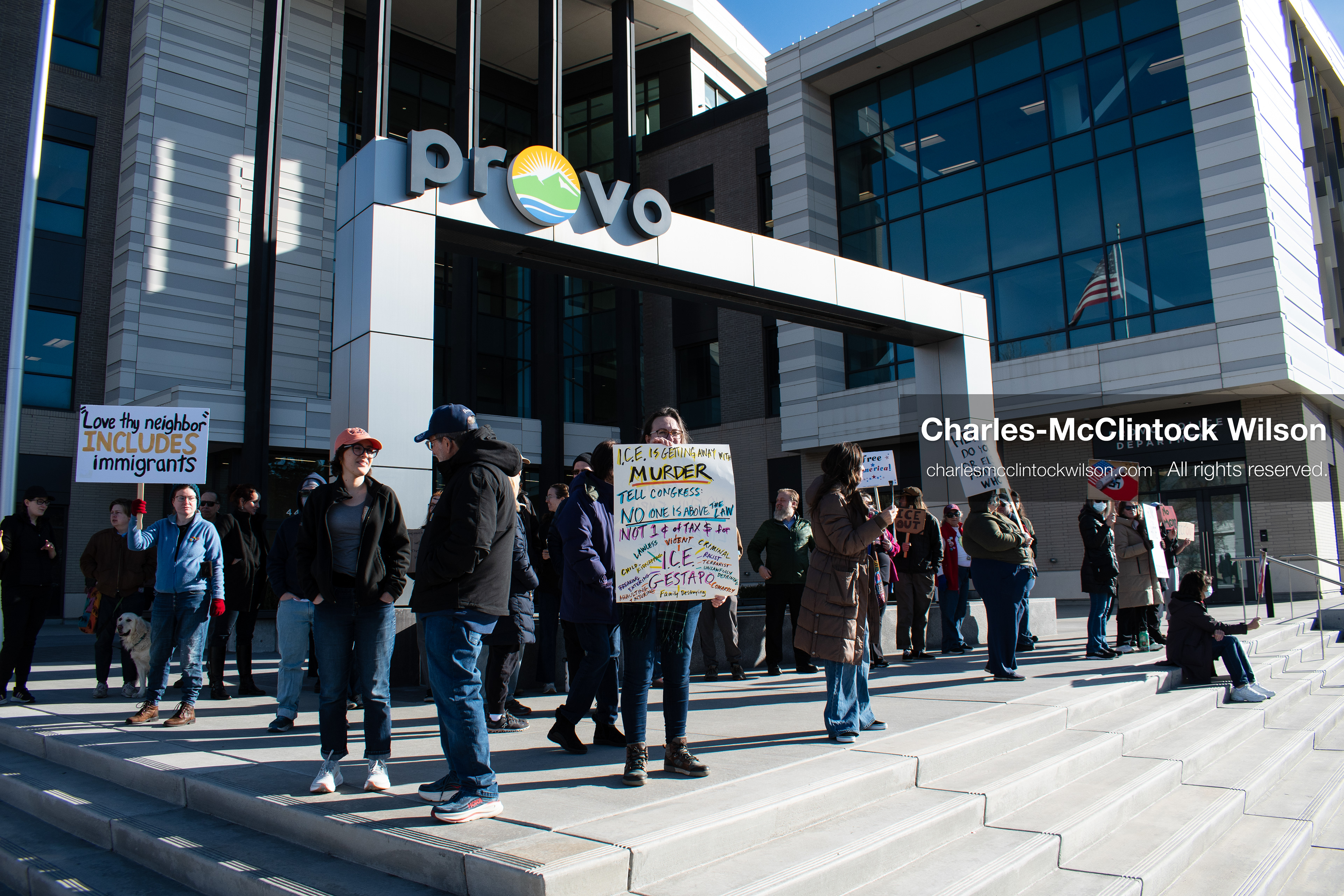 January 20, 2026, Provo, Utah, USA: Protesters gather outside Provo City Hall during the Free America Walkout protest in Provo, Utah, on January 20, 2026. Demonstrators held signs calling for justice, immigration reform, and an end to detention practices. (Credit Image: © Charles-McClintock Wilson/ZUMA Press Wire)
