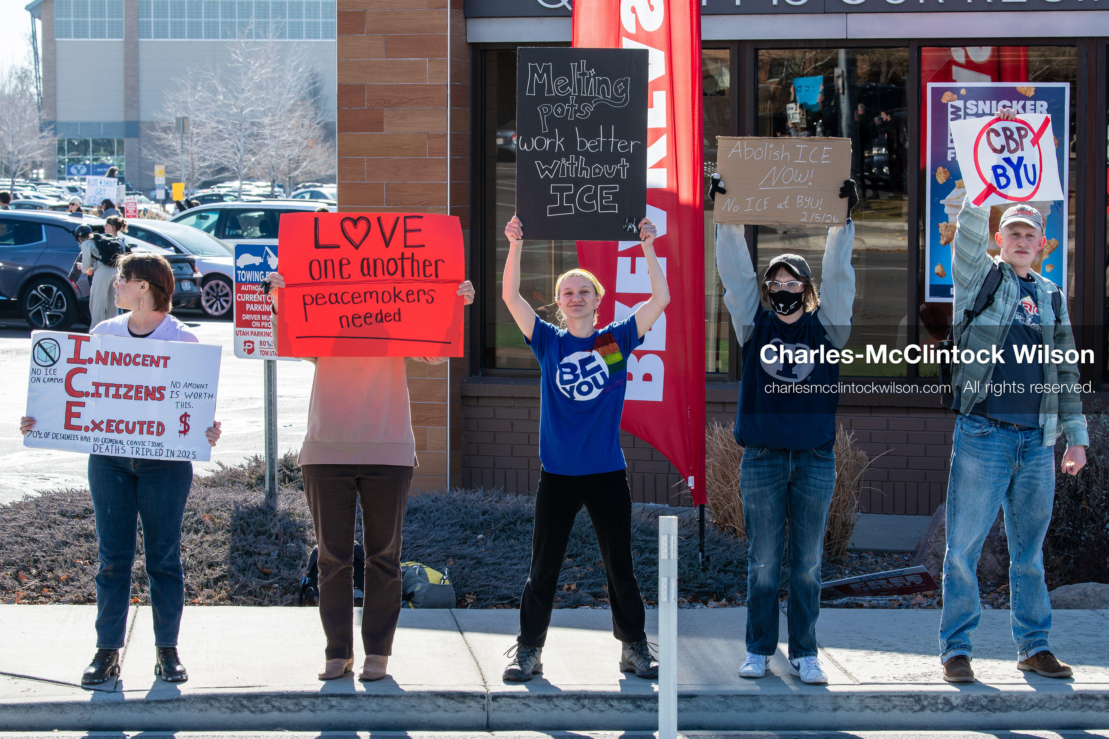 February 5, 2026, Provo, Utah, USA: Students and community members gather near Brigham Young University in Provo to demonstrate against the presence of US Customs and Border Protection recruiters at a career fair held on the BYU campus. (Credit Image: © Charles McClintock Wilson/ZUMA Press Wire)