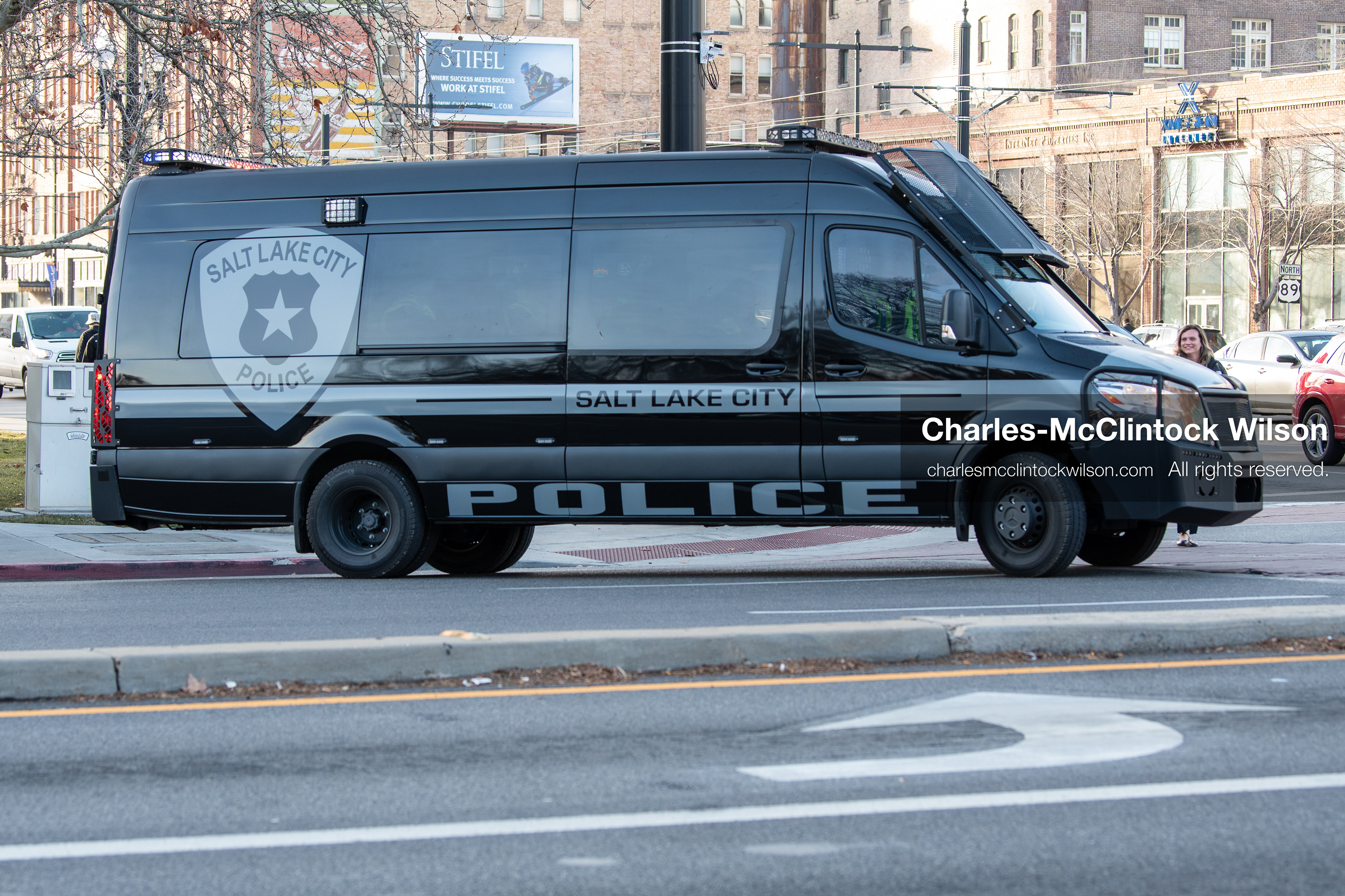 January 30, 2026, Salt Lake City, Utah, USA: A Salt Lake City Police van is parked downtown during an anti‑ICE protest, part of a nationwide response to immigration enforcement policies. (Credit Image: © Charles‑McClintock Wilson/ZUMA Press Wire)
