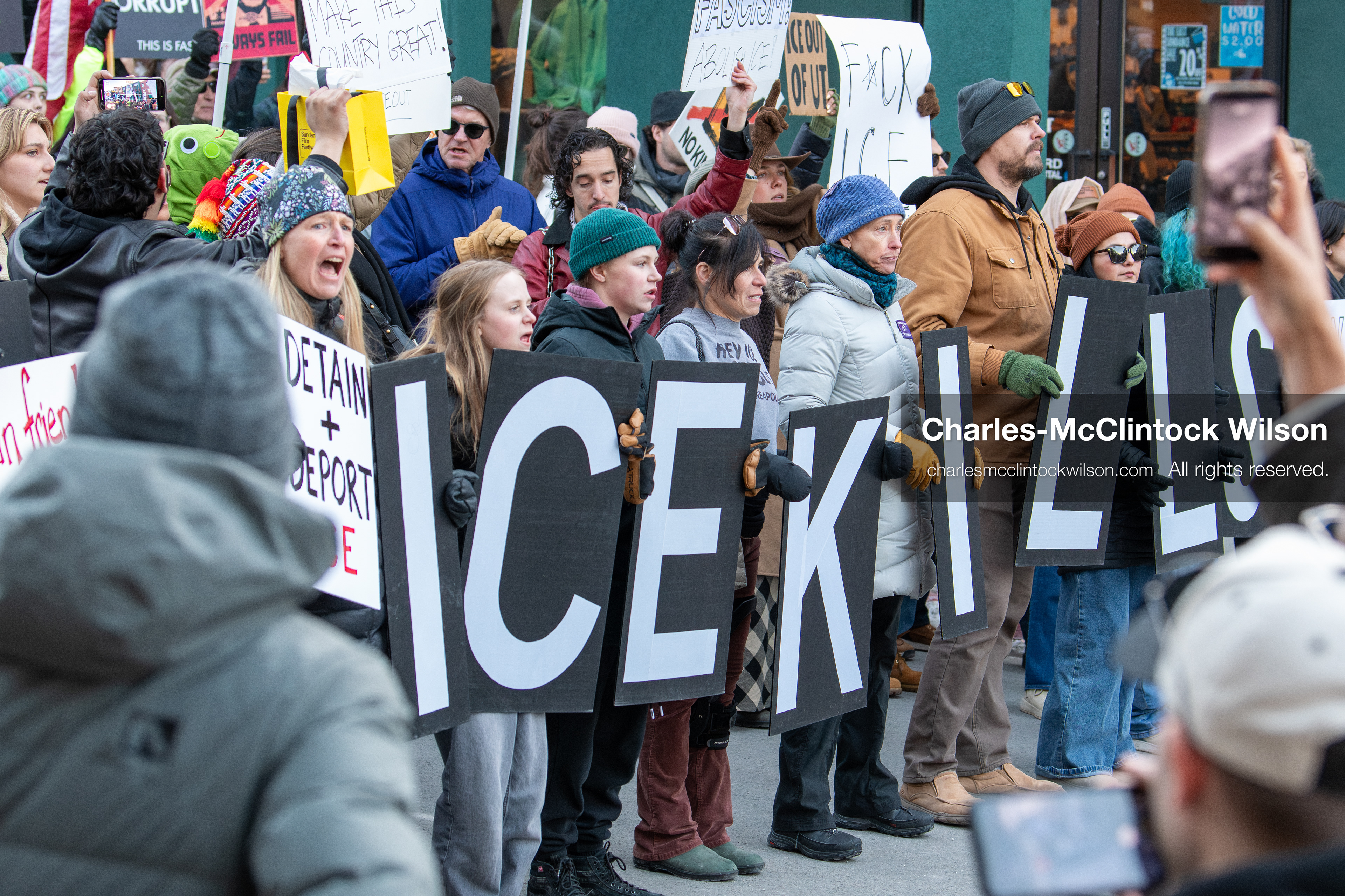 January 26, 2026, Park City, Utah, USA: Demonstrators march through Main Street holding signs during a protest opposing U.S. Immigration and Customs Enforcement (I.C.E.) ICE agents at the Sundance Film Festival in Park City, Utah, on Monday, Jan. 26, 2026. The event was held in response to the fatal shooting of Alex Pretti by a U.S. Border Patrol officer in Minneapolis. (Credit Image: © Charles McClintock Wilson/ZUMA Press Wire)