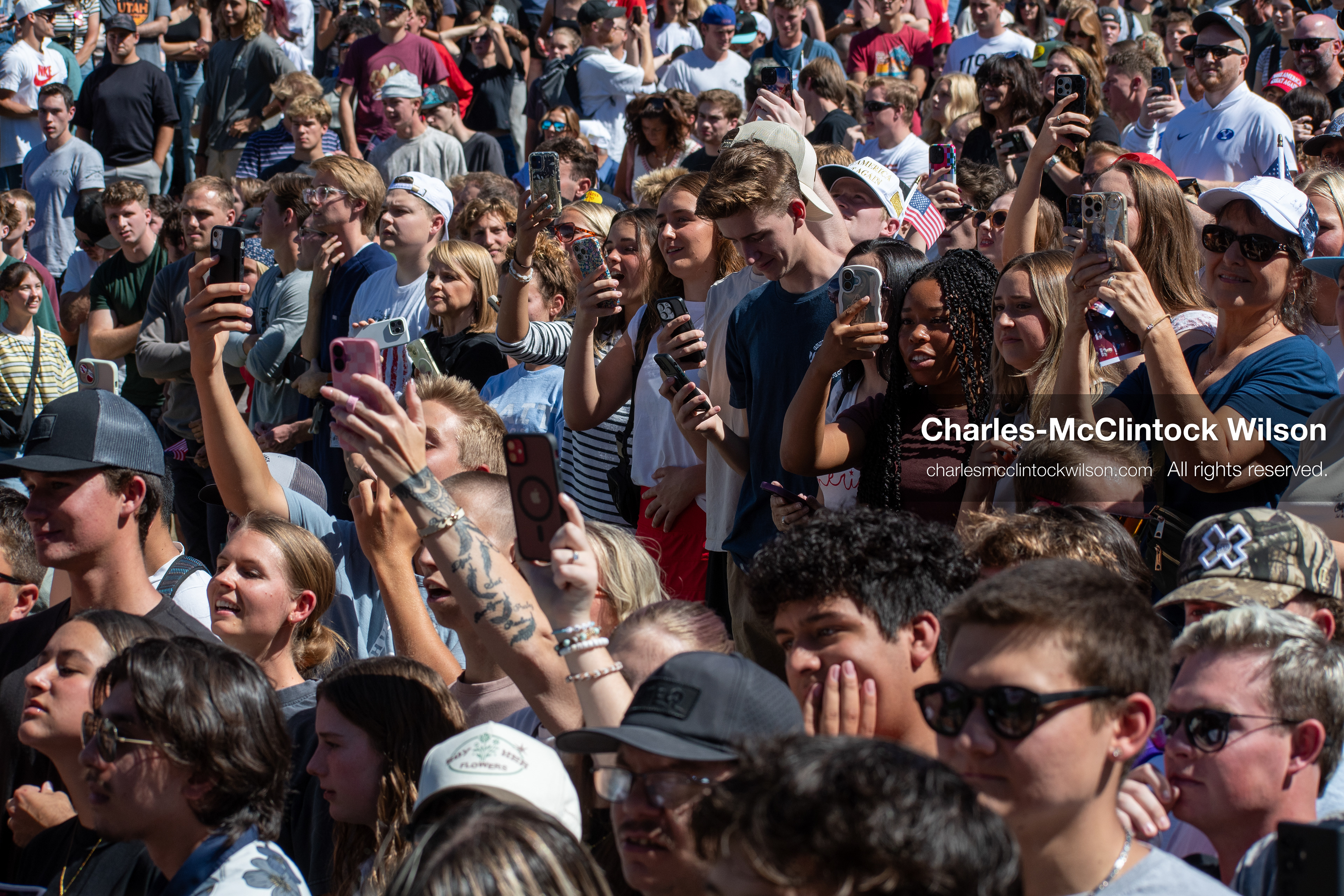 OREM, UTAH – SEPTEMBER 10, 2025: Attendees gather in close formation at Utah Valley University for the opening stop of the American Comeback Tour. The image captures a moment of shared anticipation and civic presence, reflecting the energy, emotion, and communal engagement that defined the event’s intended spirit. © Charles-McClintock Wilson / ZUMA Press 