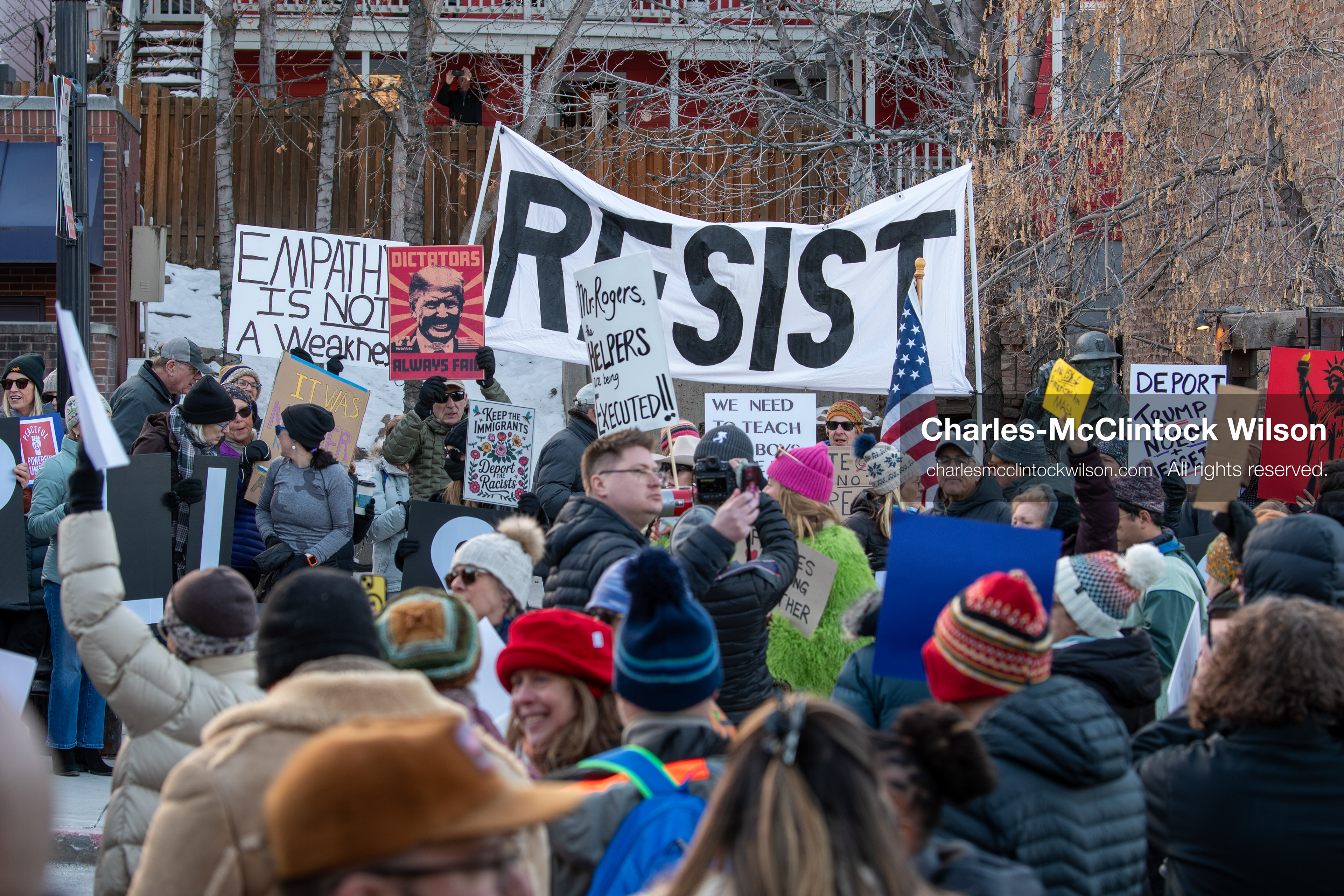 January 26, 2026, Park City, Utah, USA: Demonstrators gather on Main Street holding signs and American flags during a protest opposing U.S. Immigration and Customs Enforcement (I.C.E.) ICE agents at the Sundance Film Festival in Park City, Utah, on Monday, Jan. 26, 2026. The event was held in response to the fatal shooting of Alex Pretti by a U.S. Border Patrol officer in Minneapolis. (Credit Image: © Charles McClintock Wilson/ZUMA Press Wire)