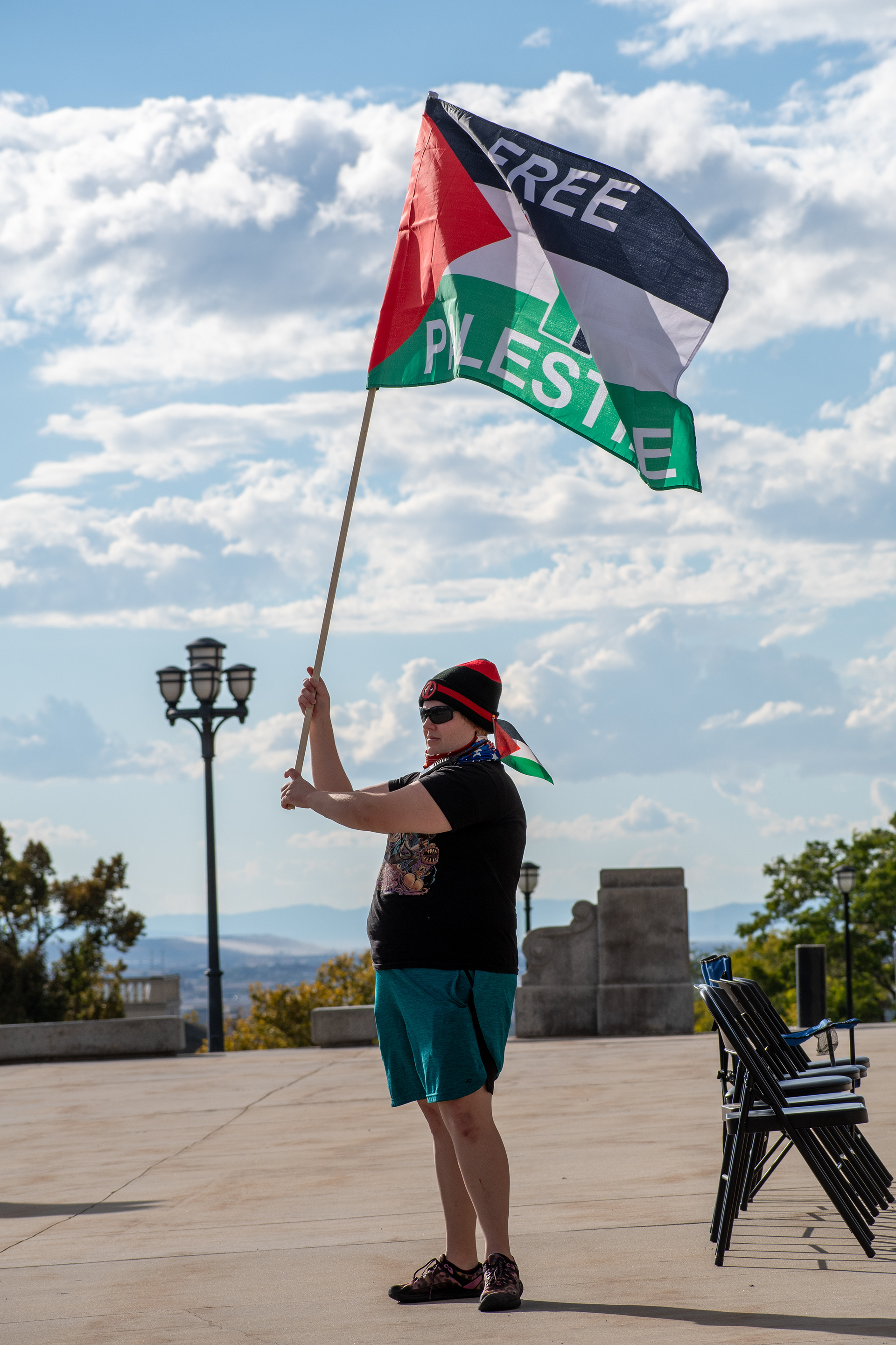 October 10, 2025, Salt Lake City, Utah, USA: A demonstrator stands with a flag during the Free Palestine Rally organized in front of the Utah State Capitol. (Credit Image: © Charles-McClintock Wilson/ZUMA Press Wire)