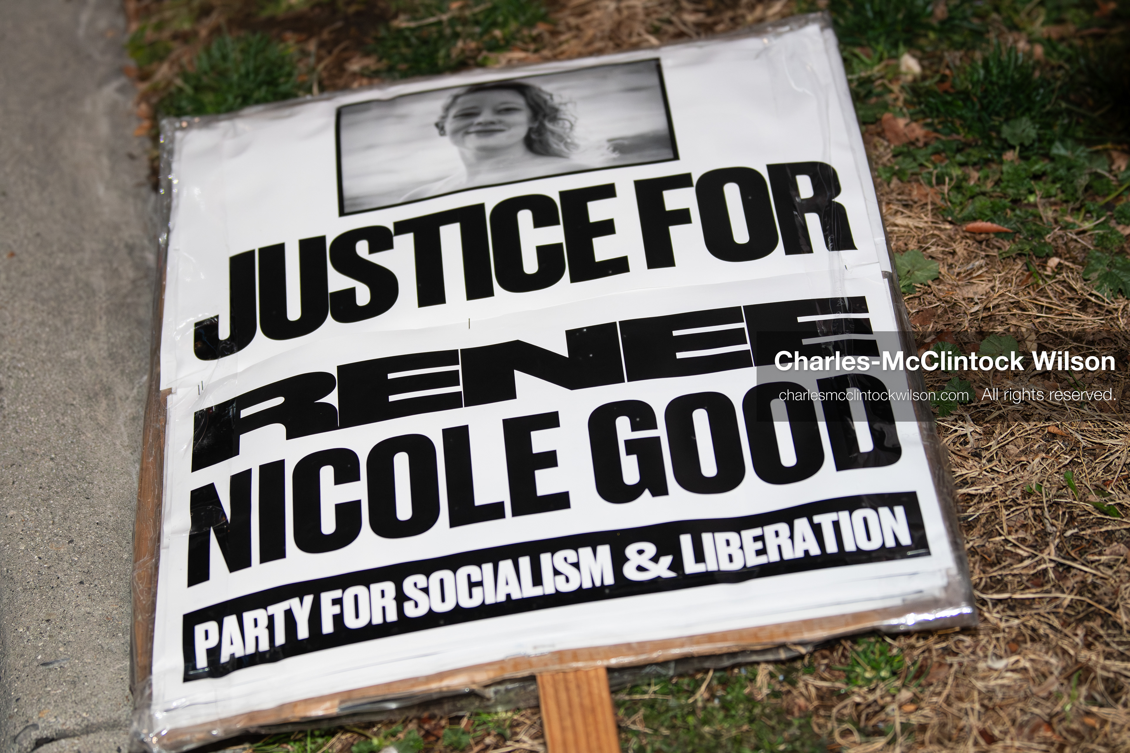 January 8, 2026, Salt Lake City, Utah, USA: A protest sign calling for justice for Renee Nicole Good lies on the ground at Pioneer Park in Salt Lake City Utah during an anti ICE demonstration on Jan 8 2026. The rally followed the death of Renee Nicole Good during an encounter with immigration authorities in Minneapolis and drew hundreds calling for accountability and changes to enforcement practices. (Credit Image: © Charles-McClintock Wilson/ZUMA Press Wire)