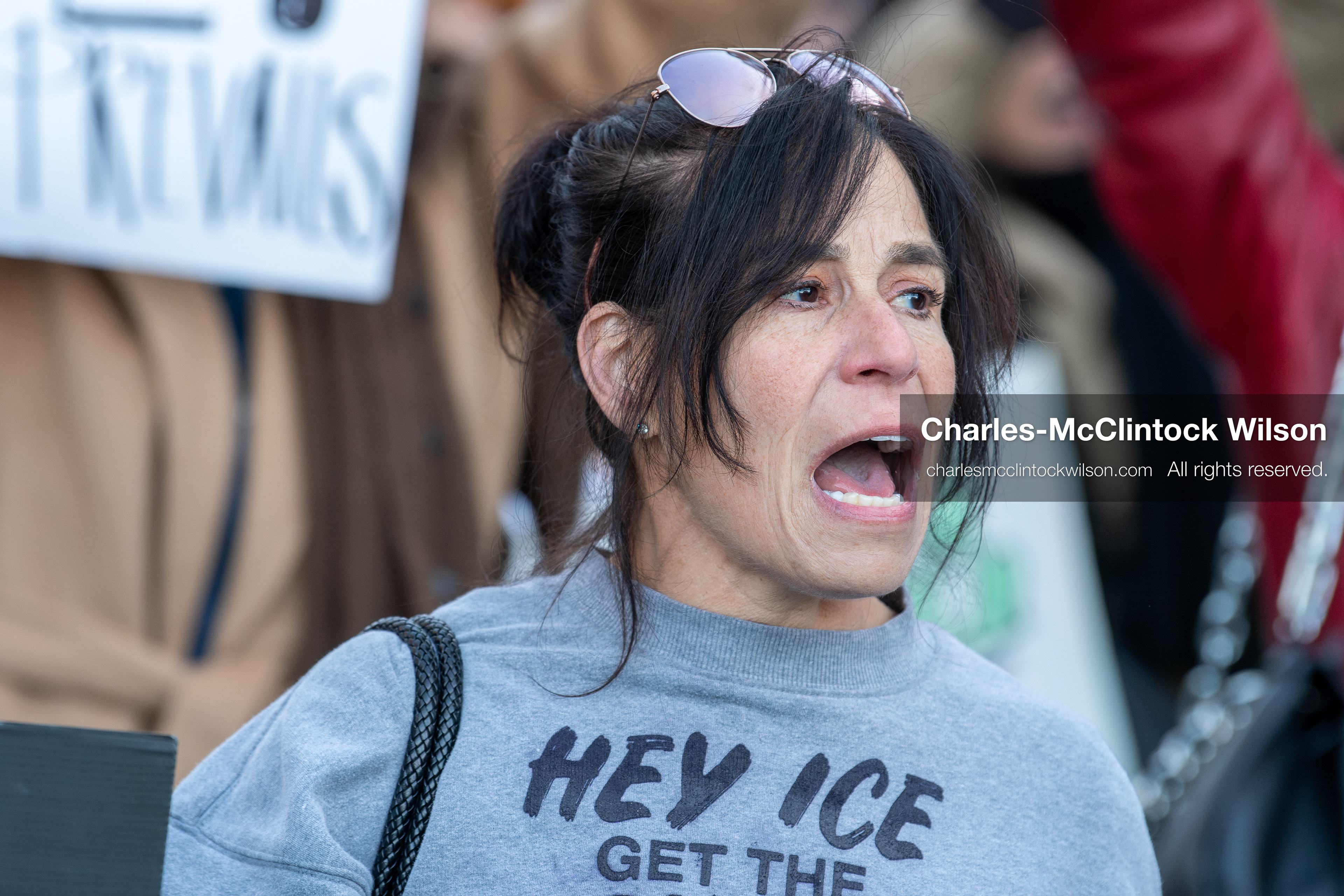 January 26, 2026, Park City, Utah, USA: A demonstrator shouts while holding a sign during a protest opposing U.S. Immigration and Customs Enforcement (I.C.E.) ICE agents at the Sundance Film Festival in Park City, Utah, on Monday, Jan. 26, 2026. The event was held in response to the fatal shooting of Alex Pretti by a U.S. Border Patrol officer in Minneapolis. (Credit Image: © Charles McClintock Wilson/ZUMA Press Wire)