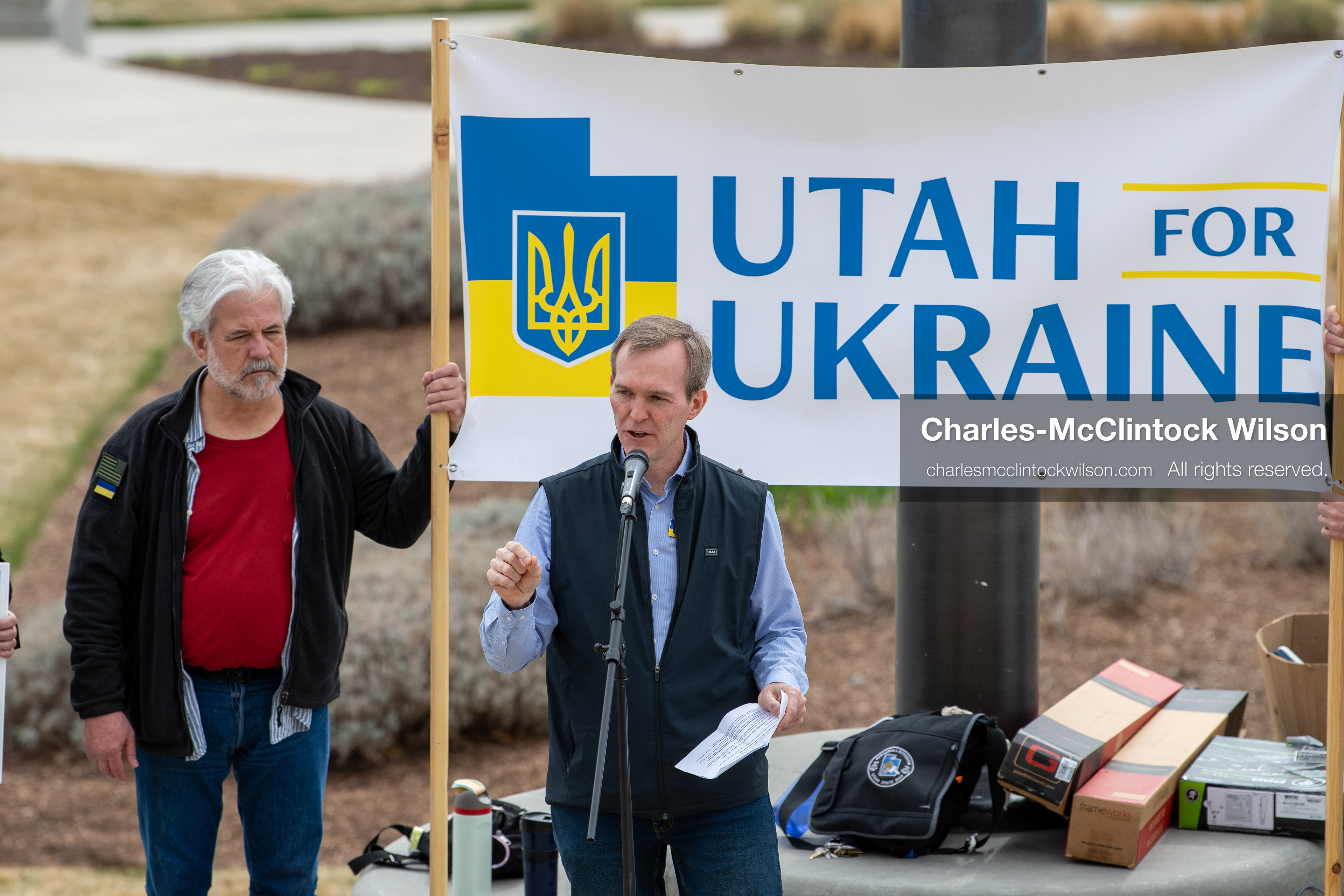  February 28, 2026, Salt Lake City, Utah, USA: Former U.S. Rep BEN MCADAMS, a Democrat from Utah and a 2026 congressional candidate, speaks during the Stand With Ukraine rally at the Utah State Capitol. The event marked the four year anniversary of the full scale Russian invasion of Ukraine and drew community members showing support for Ukrainians and local humanitarian efforts. (Credit Image: © Charles McClintock Wilson/ZUMA Press Wire)