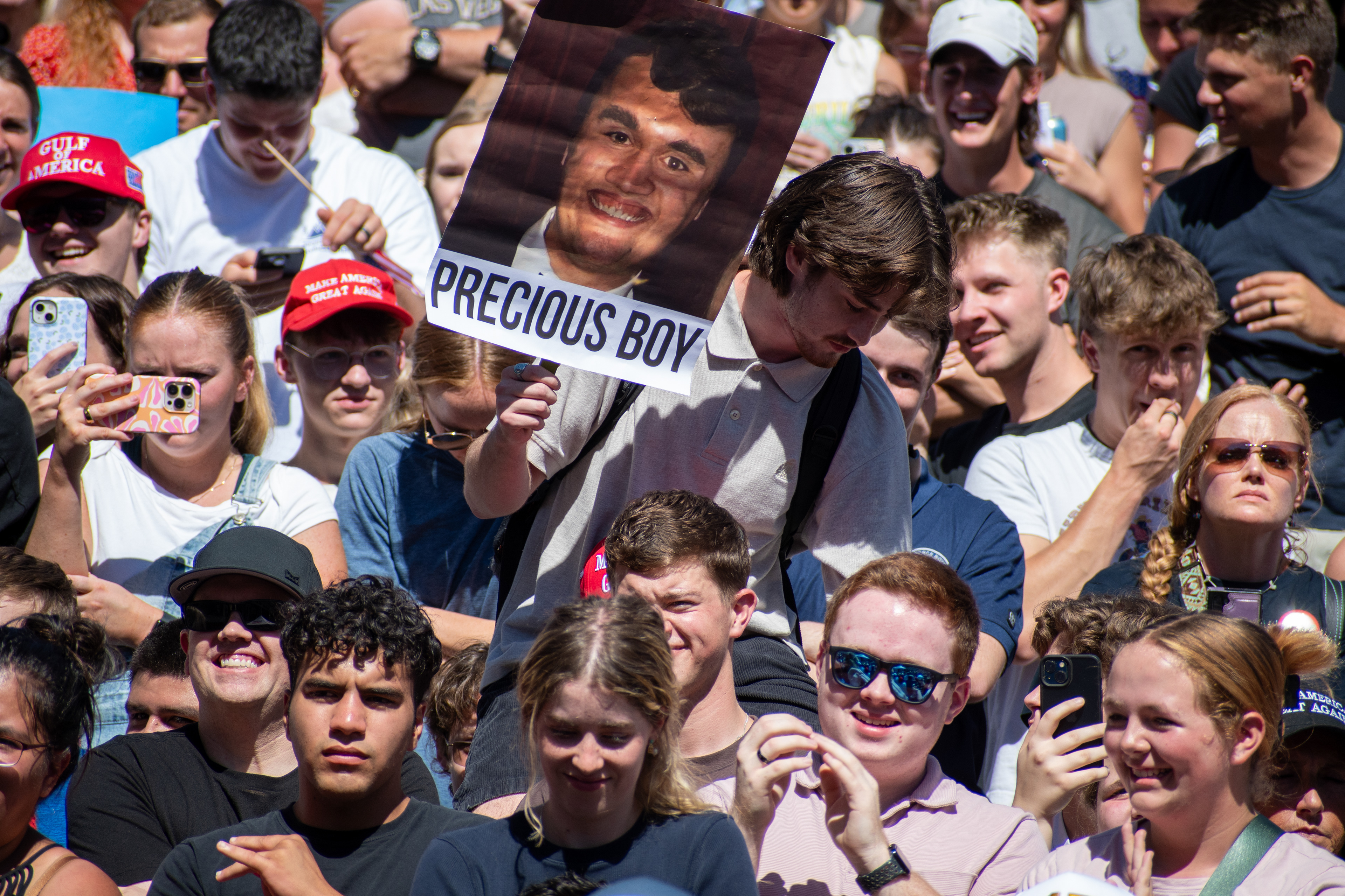 OREM, UTAH – SEPTEMBER 10, 2025: Attendees gather in close formation at Utah Valley University for the opening stop of the American Comeback Tour. The image captures a moment of shared anticipation and civic presence, reflecting the energy, emotion, and communal engagement that defined the event’s intended spirit. © Charles-McClintock Wilson / ZUMA Press
