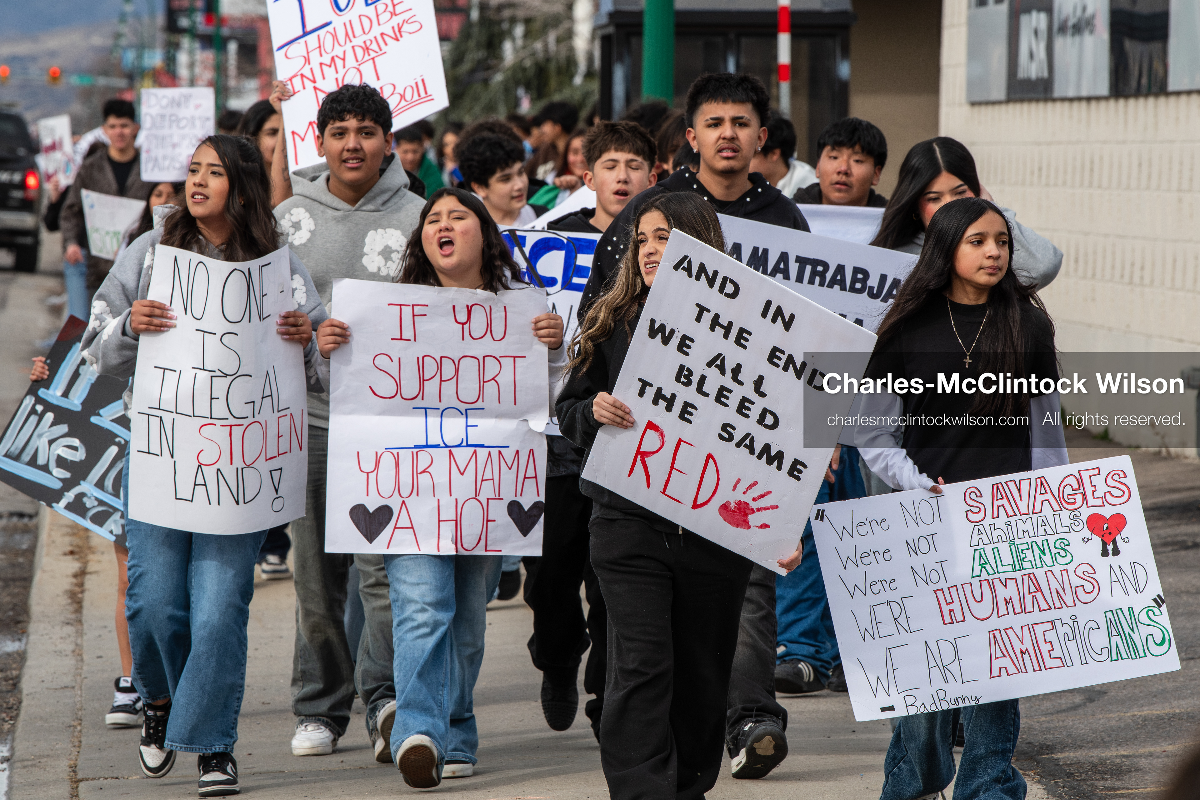 February 11, 2026, Orem, Utah, USA: Students march along State Street during a student‑led protest involving participants from multiple Orem schools. (Credit Image: © Charles‑McClintock Wilson/ZUMA Press Wire)