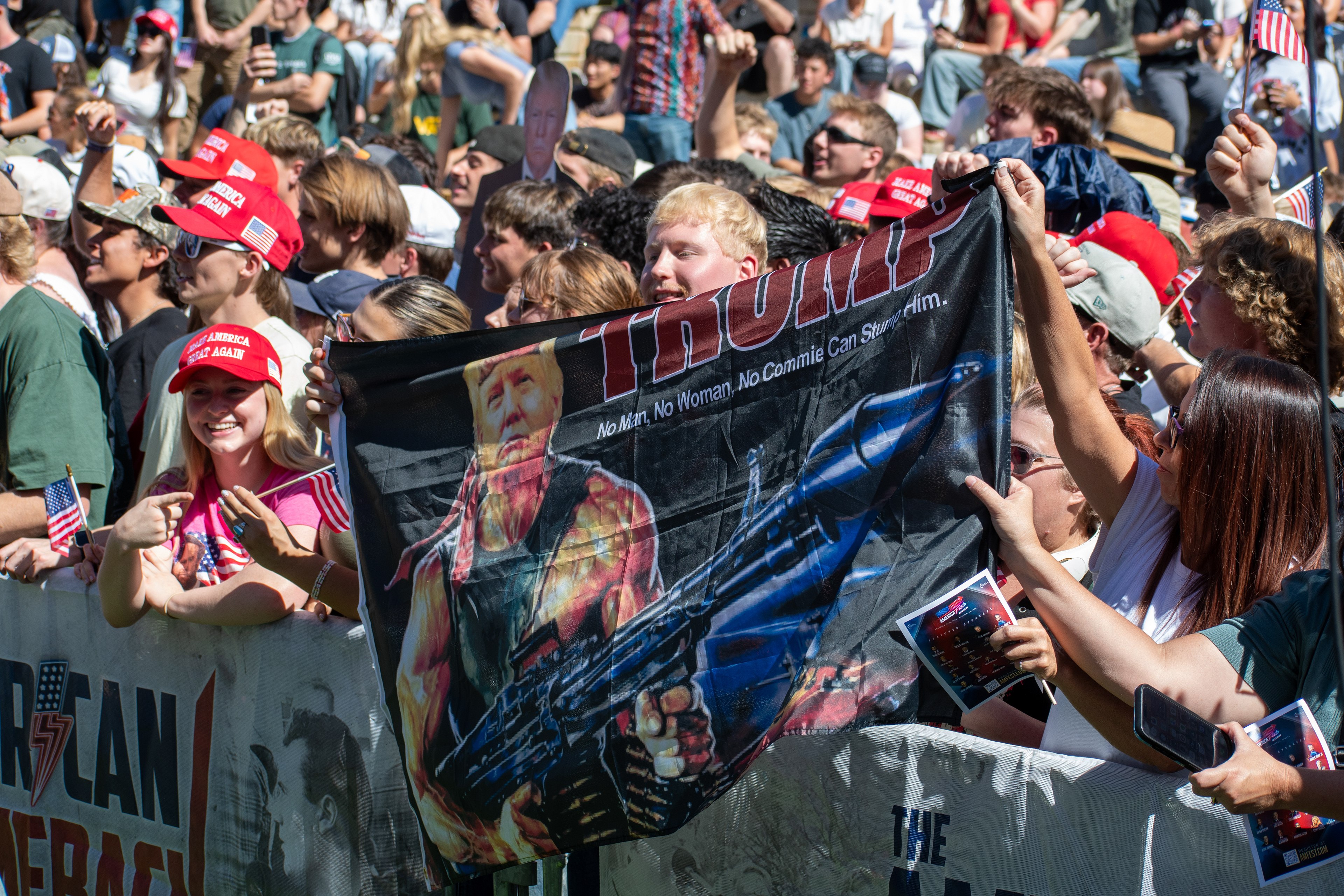 OREM, UTAH – SEPTEMBER 10, 2025: Attendees gather in close formation at Utah Valley University for the opening stop of the American Comeback Tour. The image captures a moment of shared anticipation and civic presence, reflecting the energy, emotion, and communal engagement that defined the event’s intended spirit. © Charles-McClintock Wilson / ZUMA Press