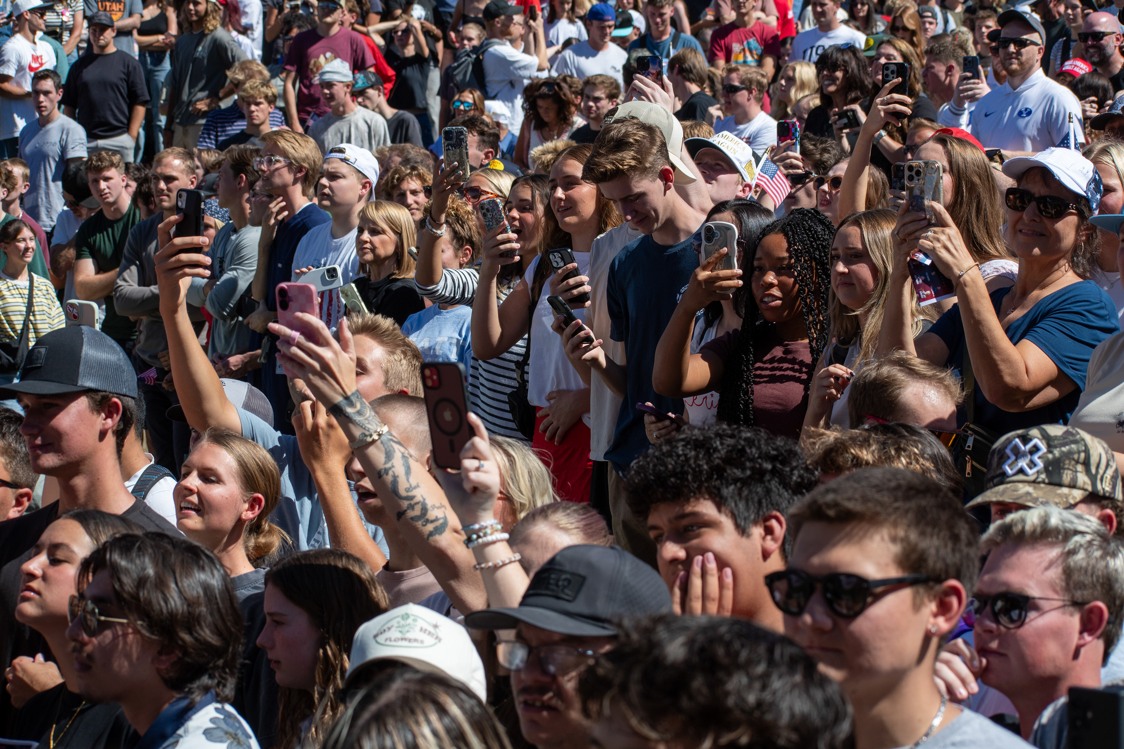 OREM, UTAH – SEPTEMBER 10, 2025: Attendees gather in close formation at Utah Valley University for the opening stop of the American Comeback Tour. The image captures a moment of shared anticipation and civic presence, reflecting the energy, emotion, and communal engagement that defined the event’s intended spirit. © Charles-McClintock Wilson / ZUMA Press