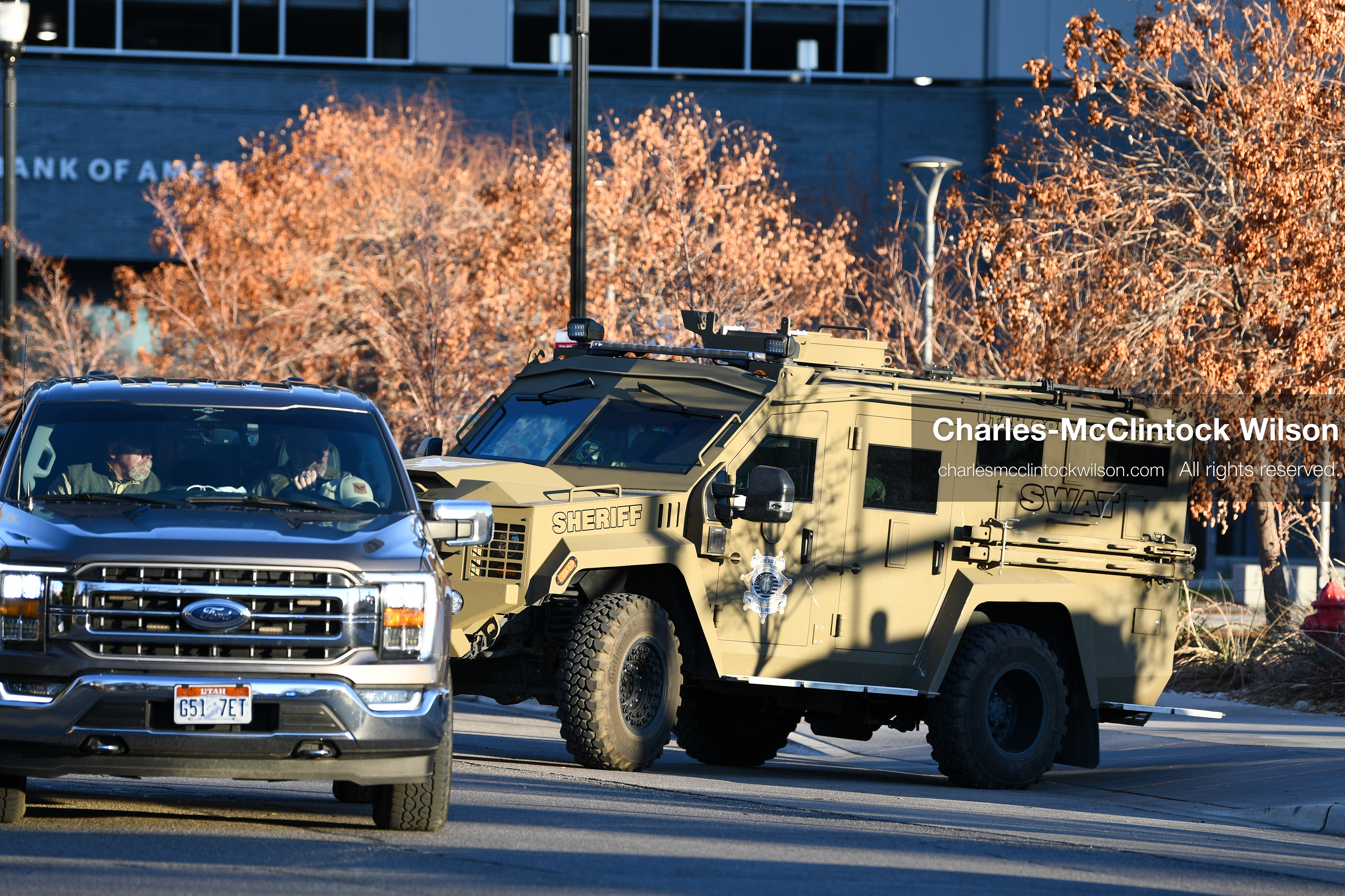 PROVO, UTAH, USA – DECEMBER 11, 2025: An armored vehicle operated by the Utah County Sheriff’s Office transports Tyler Robinson from the Fourth District Court in Provo following his first in‑person court appearance in the Charlie Kirk murder case. (Credit Image: © Charles‑McClintock Wilson/ZUMA Press Wire)
