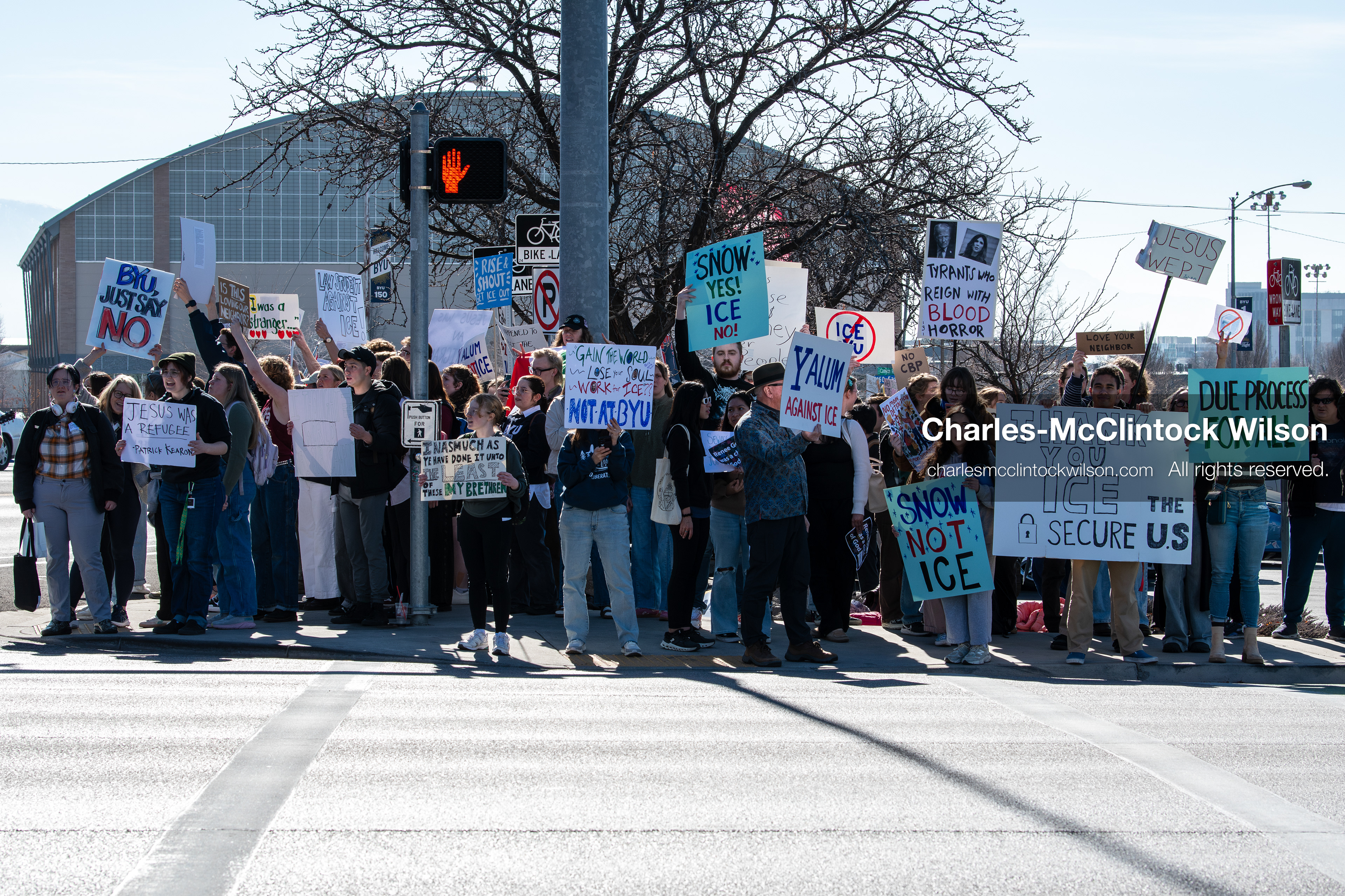 February 5, 2026, Provo, Utah, USA: Students and community members gather near Brigham Young University in Provo to demonstrate against the presence of US Customs and Border Protection recruiters at a career fair held on the BYU campus. (Credit Image: © Charles McClintock Wilson/ZUMA Press Wire)