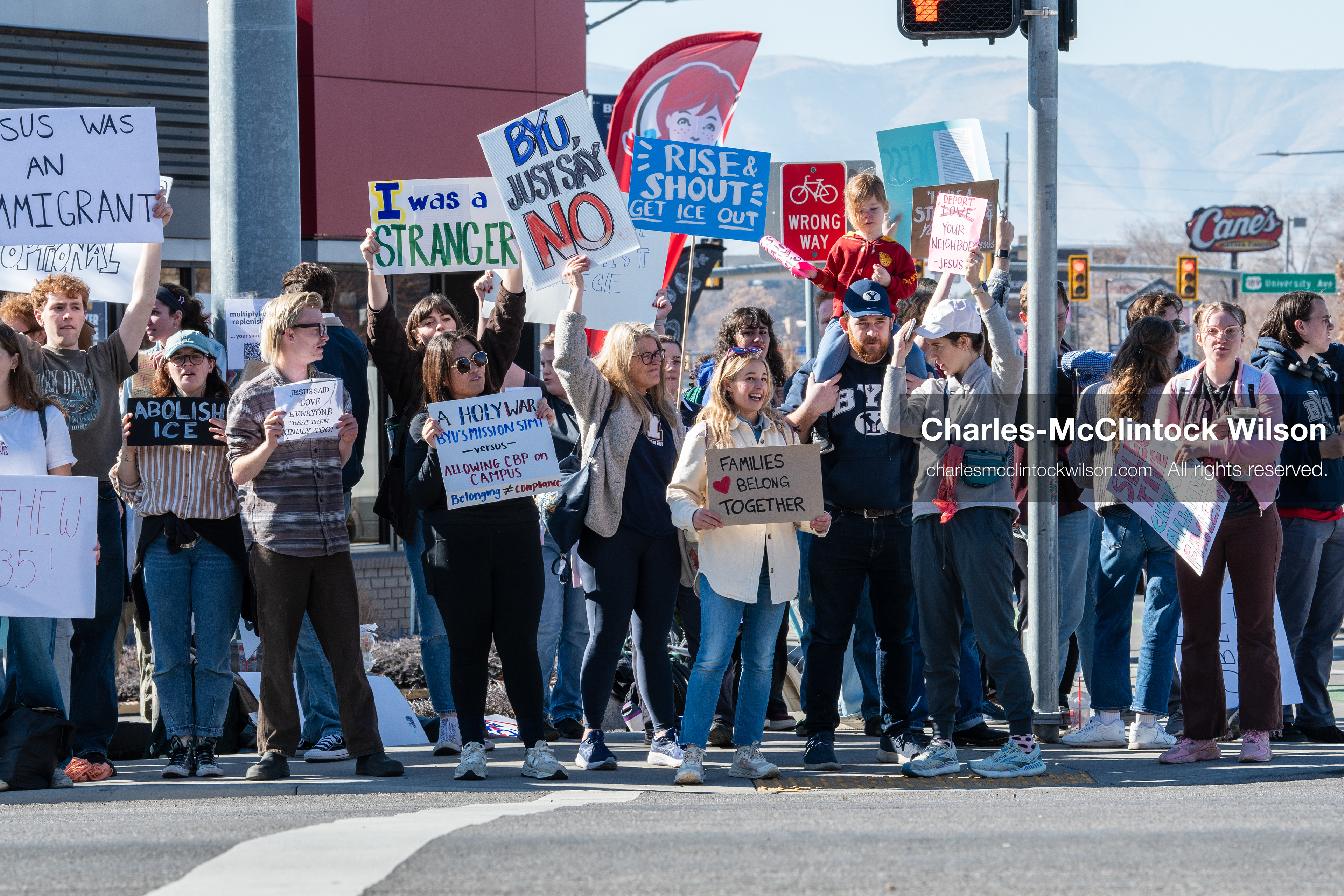 February 5, 2026, Provo, Utah, USA: Students and community members gather near Brigham Young University in Provo to demonstrate against the presence of US Customs and Border Protection recruiters at a career fair held on the BYU campus. (Credit Image: © Charles McClintock Wilson/ZUMA Press Wire)