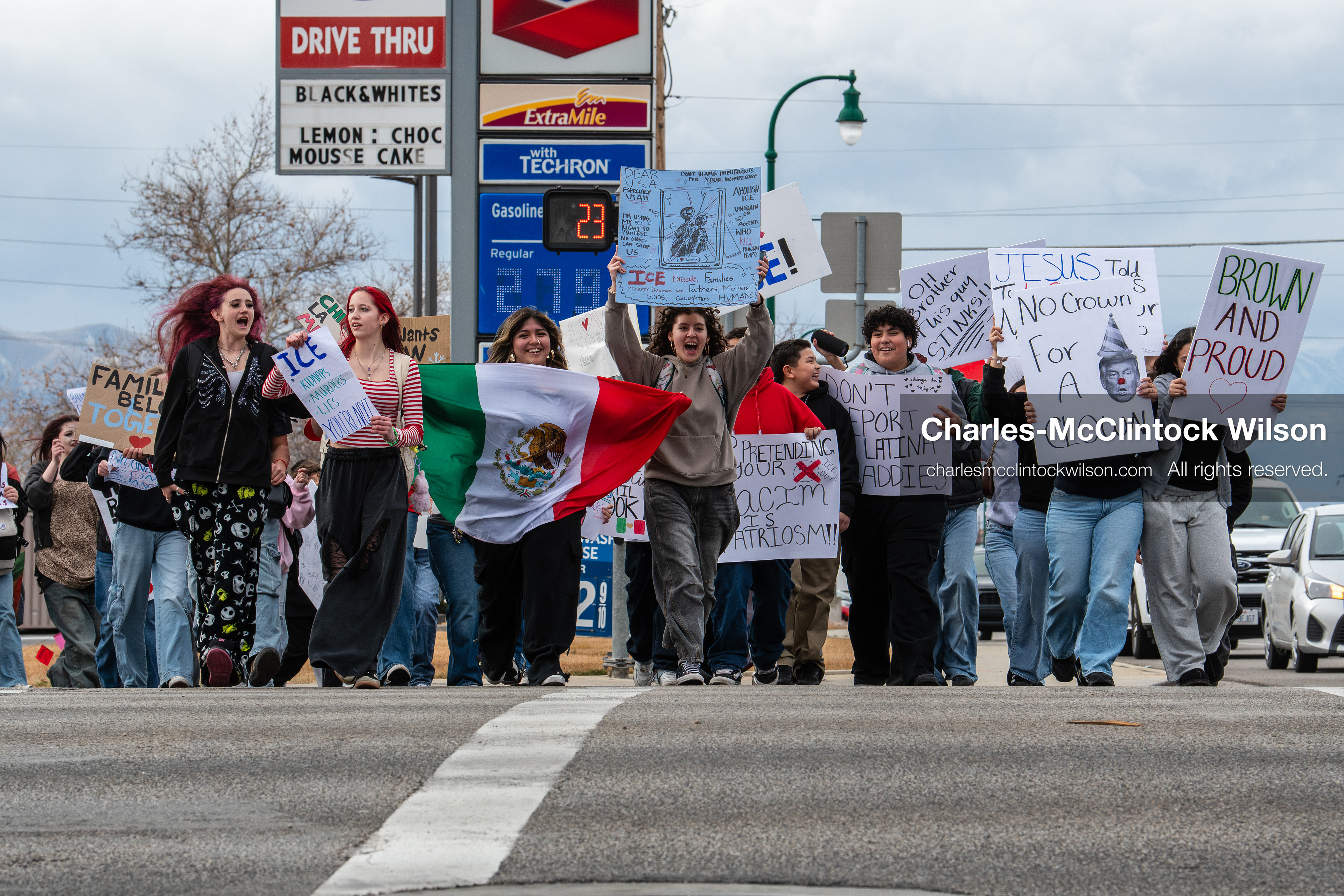 February 11, 2026, Orem, Utah, USA: Students march along State Street during a student‑led protest involving participants from multiple Orem schools. (Credit Image: © Charles‑McClintock Wilson/ZUMA Press Wire)