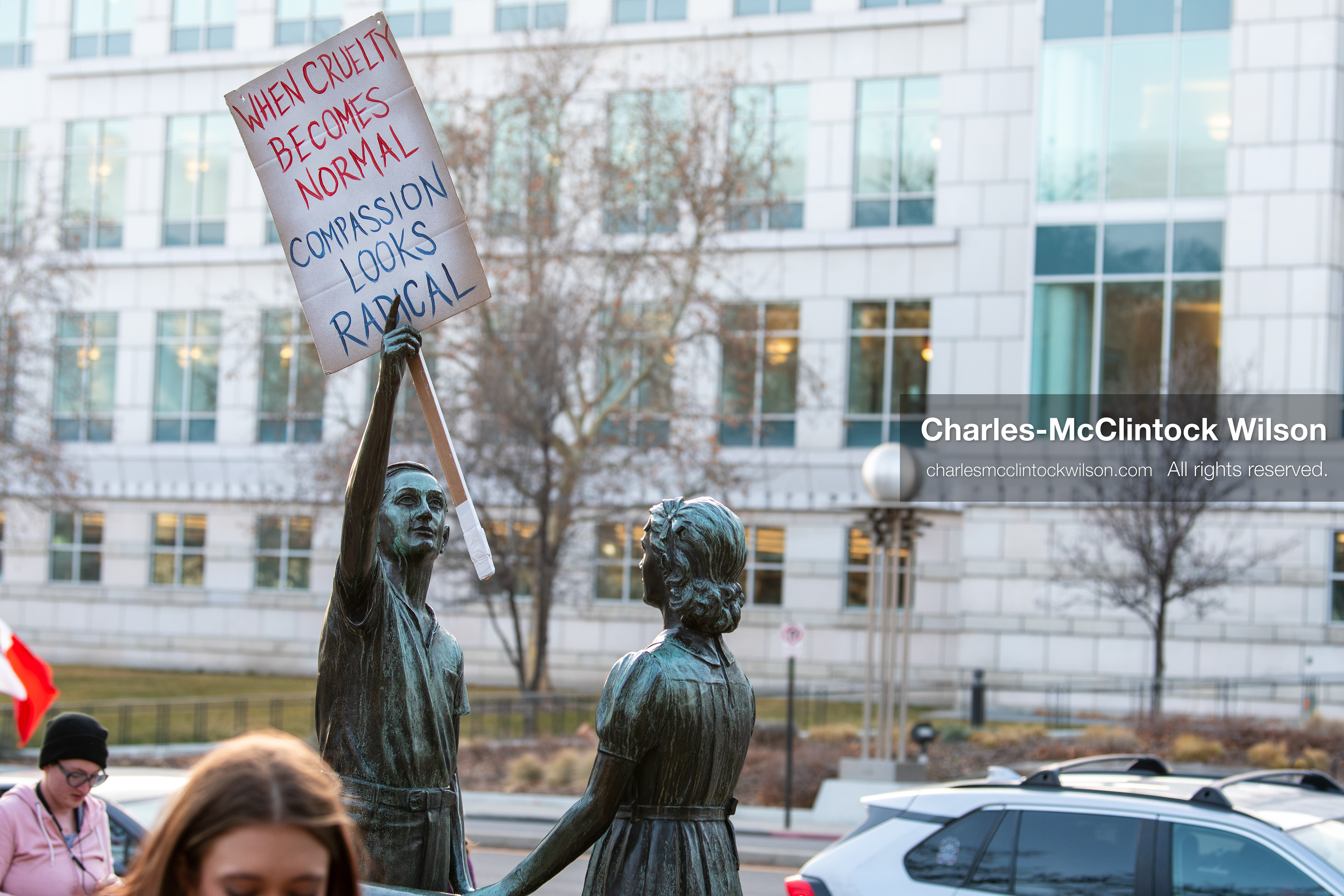 January 30, 2026, Salt Lake City, Utah, USA: A protest sign is displayed on a statue at Washington Square Park during an anti‑ICE protest in Salt Lake City, part of a nationwide response to immigration enforcement policies. (Credit Image: © Charles‑McClintock Wilson/ZUMA Press Wire)