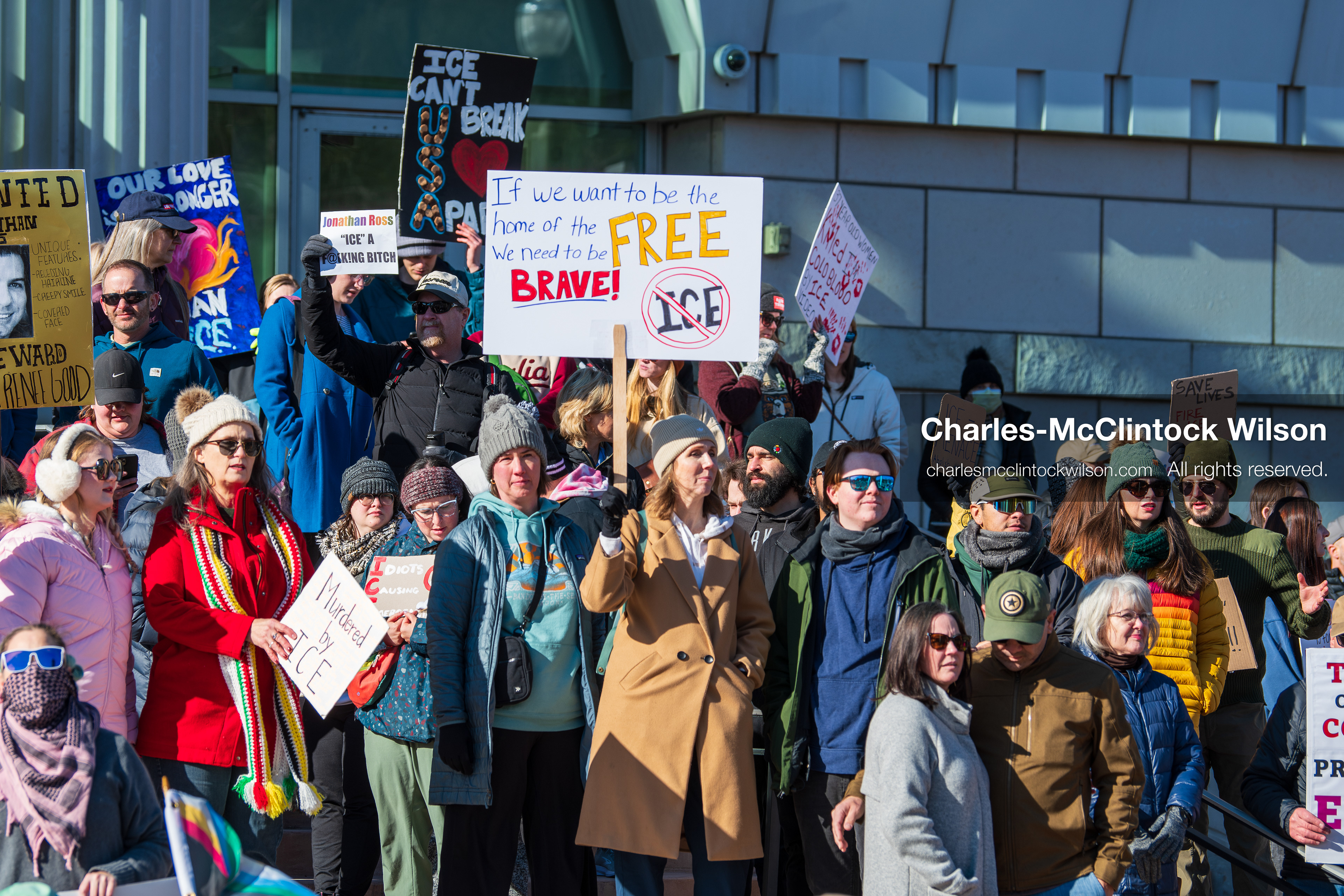 Salt Lake City, Utah, January 10, 2026: Demonstrators gather on the steps of the Scott M. Matheson Courthouse during the ICE Out for Good protest, calling for justice for Renee Nicole Good and holding signs and American flags as part of a coordinated demand for immigration reform and accountability. (Credit Image: © Charles‑McClintock Wilson/ZUMA Press Wire)