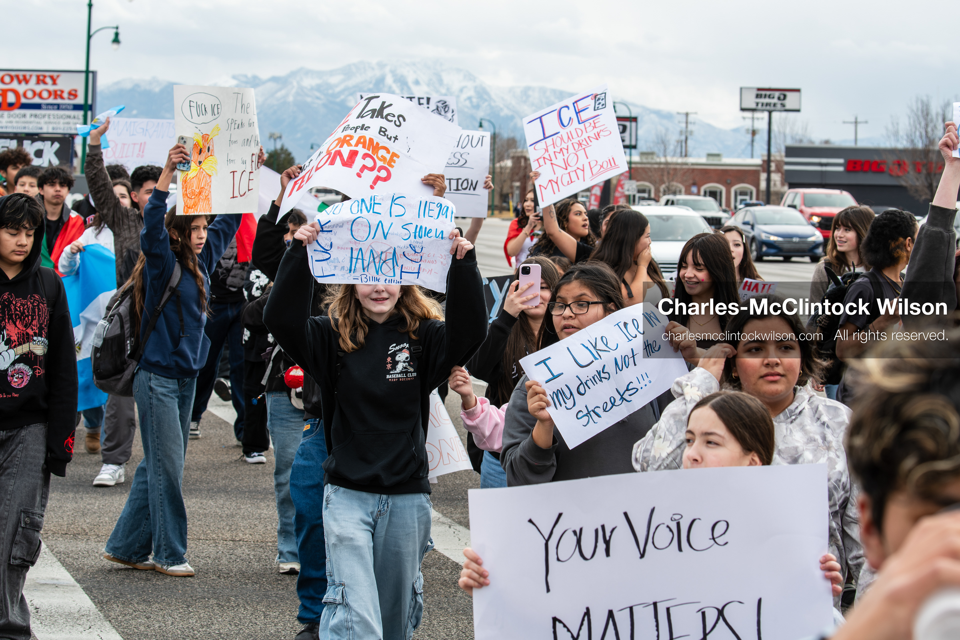 February 11, 2026, Orem, Utah, USA: Students march along State Street during a student‑led protest involving participants from multiple Orem schools. (Credit Image: © Charles‑McClintock Wilson/ZUMA Press Wire)